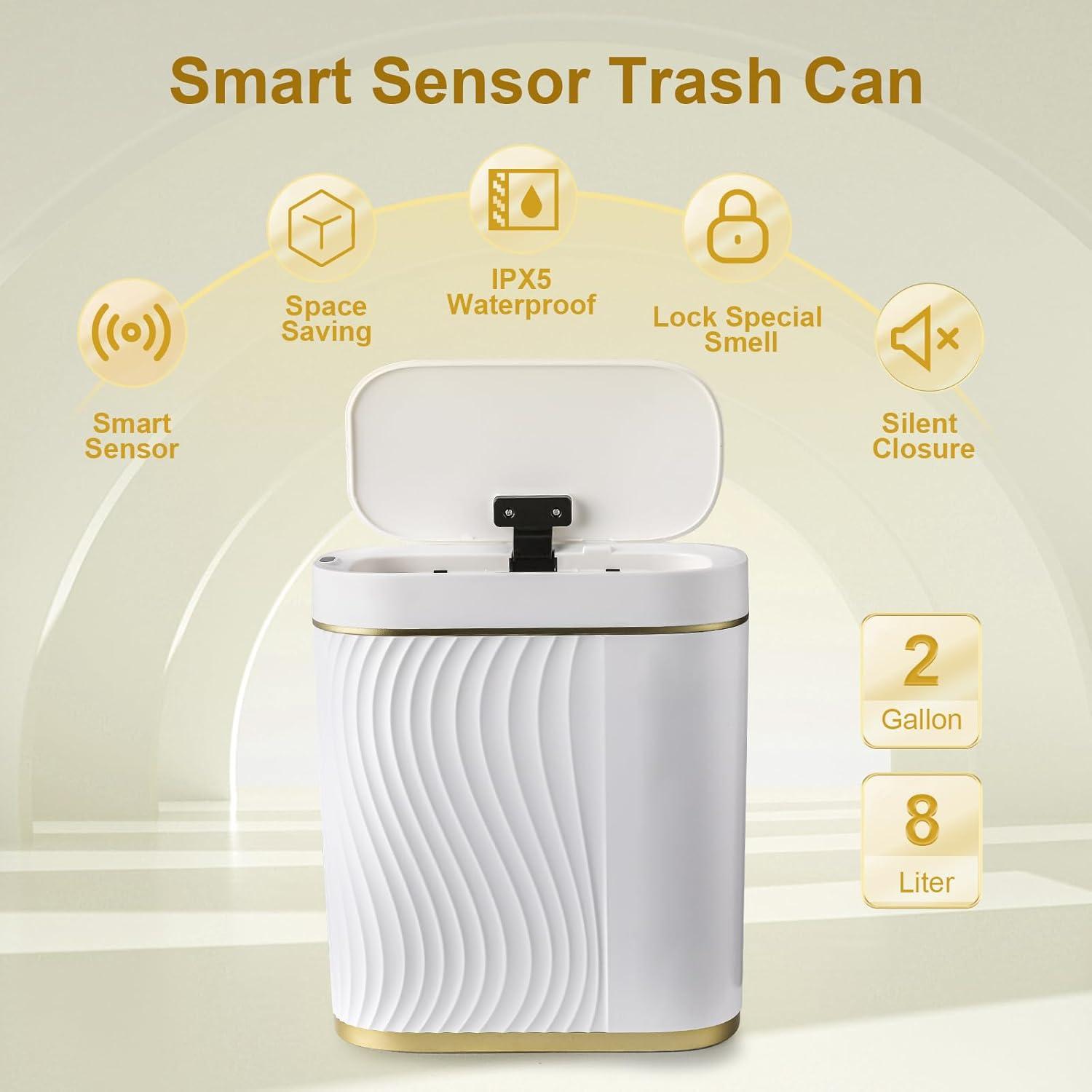 RFVT Small Automatic Trash Bin 2 Gallon Motion sensor. For bath, kitchen. Slim, waterproof plastic