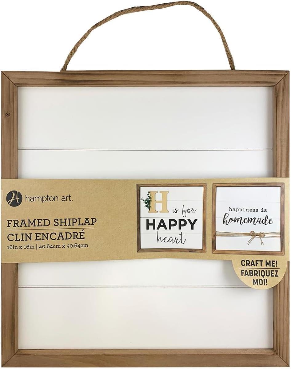 Hampton Art Rustic Frame Shiplap 16" x 16" White, easy to decorate, paint, embellish, stencil, and more, jute rope is attached to the reverse side for hanging