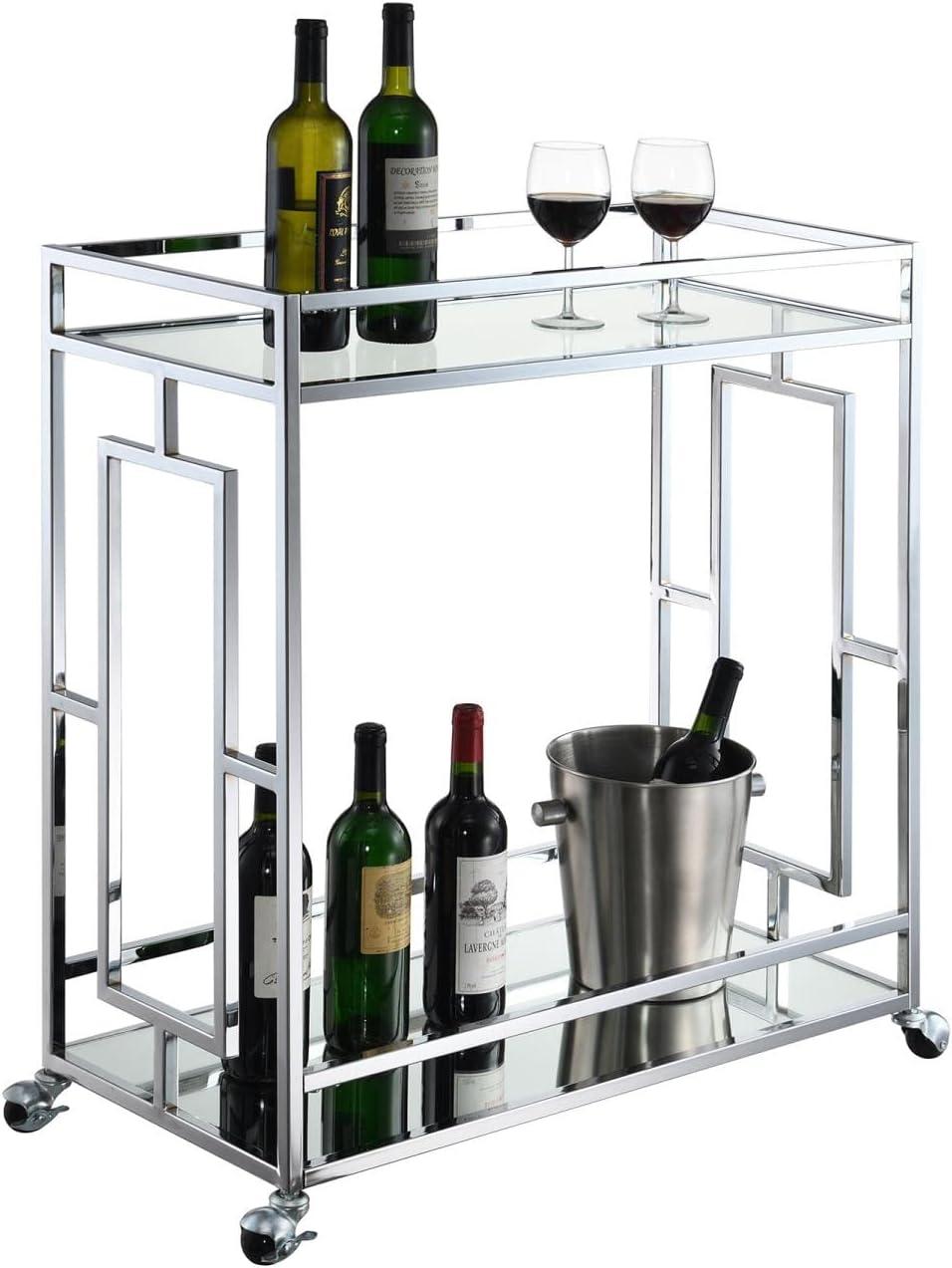 Chrome and Glass 2-Tier Bar Cart with Wine Rack