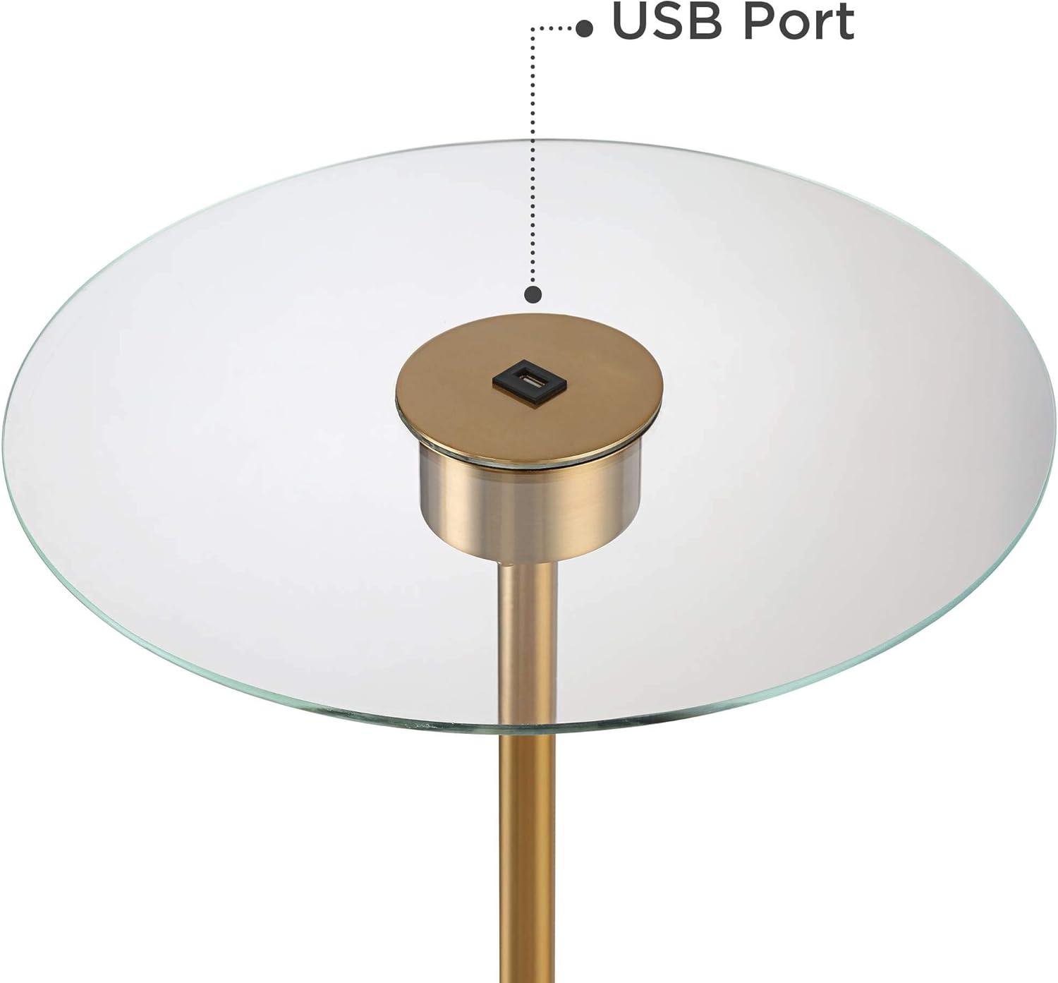 Possini Euro Design Volta Modern Floor Lamp with Tray Table 66" Tall Brass USB Charging Port White Drum Shade for Living Room Bedroom Office House