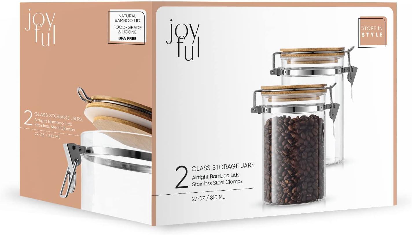 JoyJolt Glass Airtight Food Storage Jars with Bamboo Clamp Lids, 4-Piece