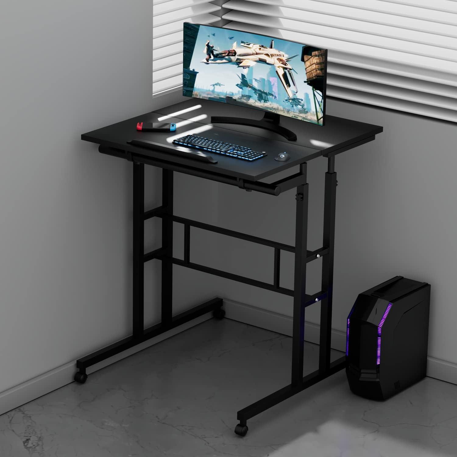 MoNiBloom Mobile Computer Desk, Adjustable Height Laptop Standing Desk with Tilting Tabletop and Monitor Shelf