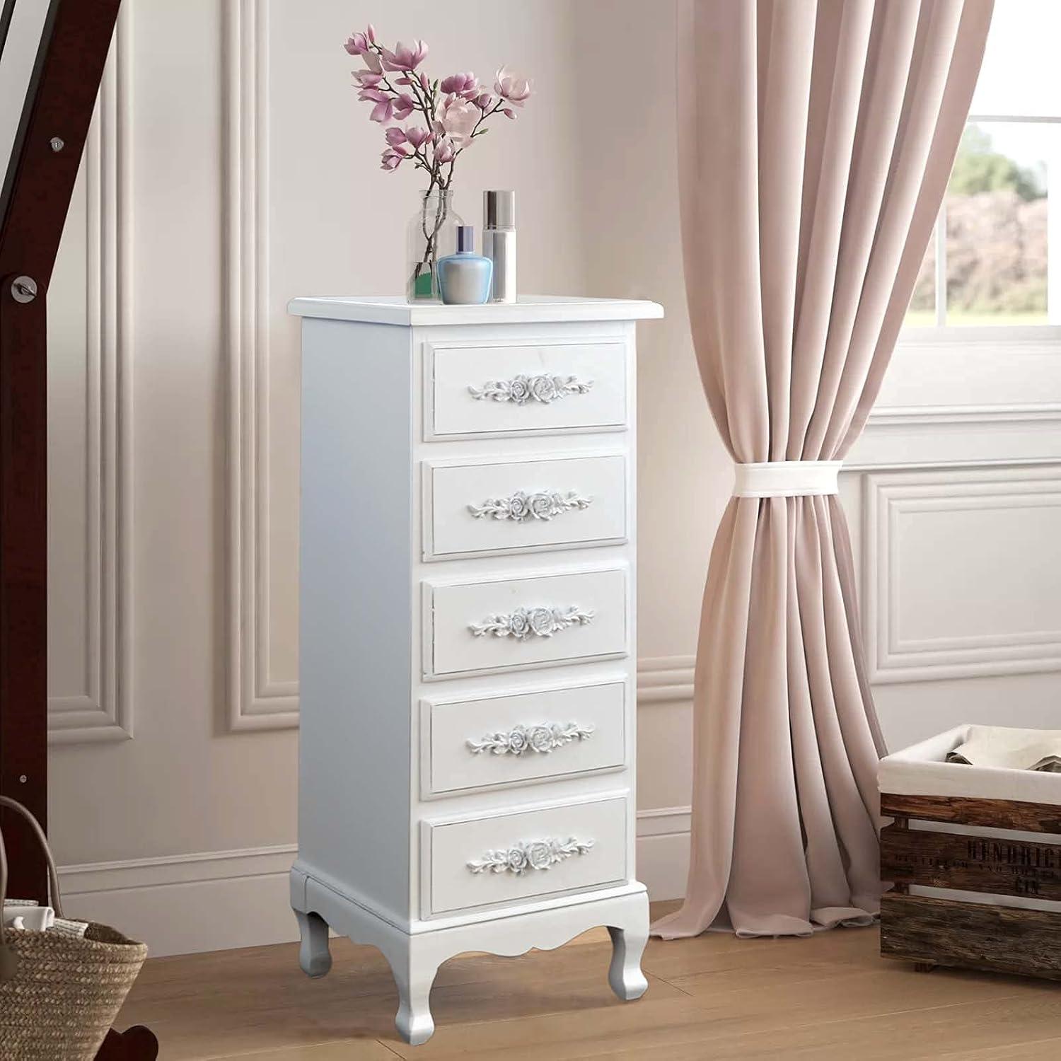 Fully Assembled White Lingerie Dresser, Tall Skinny Chest, Wood Nightstand for Bedroom, Girls Dresser, Antique Furniture, Baby Nursery Storage, Free Standing Jewelry Organizer with Queen Anne Legs