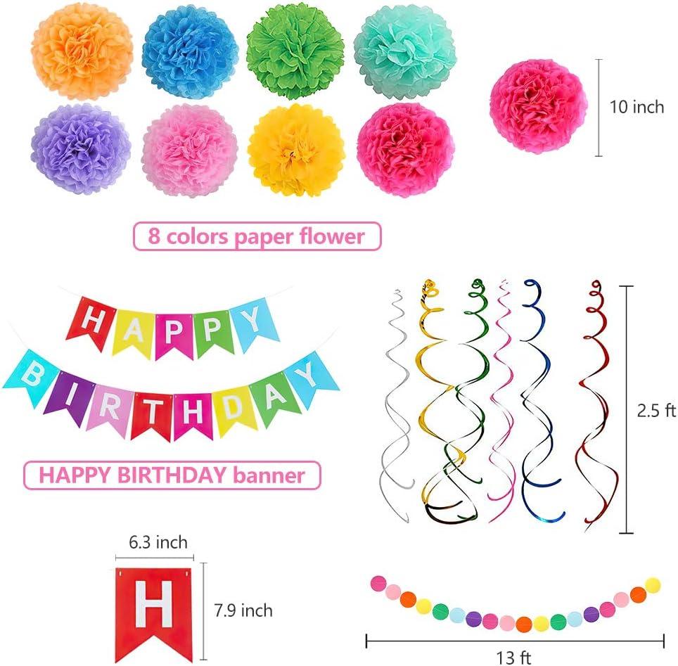 Rainbow Birthday Decorations Set - Happy Birthday Banner with Pom Poms and Swirl Streamers