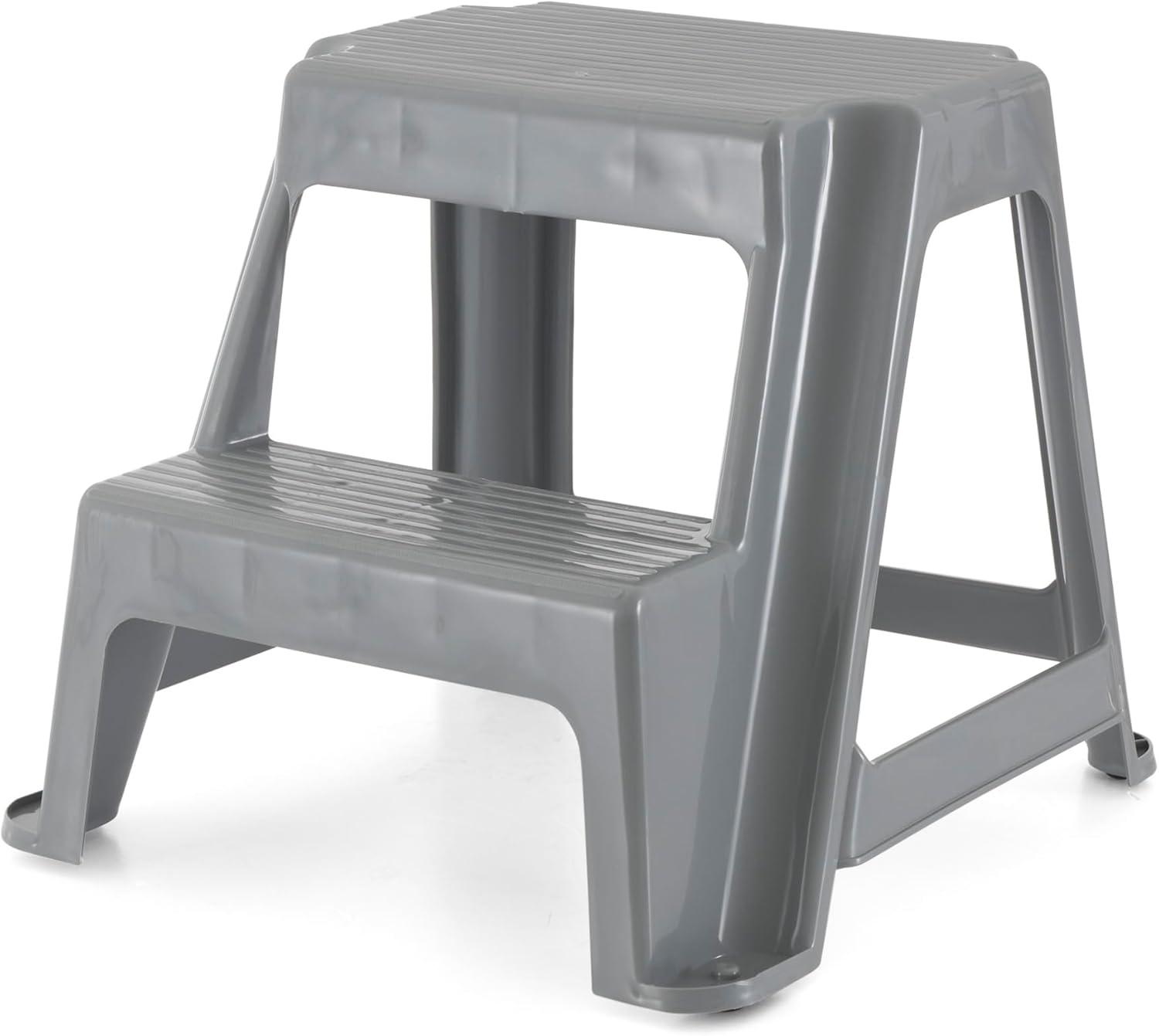 Gracious Living Plastic 2-Step Stool, Portable Step Stool for Home or Work, 16 Inches Tall, Gray