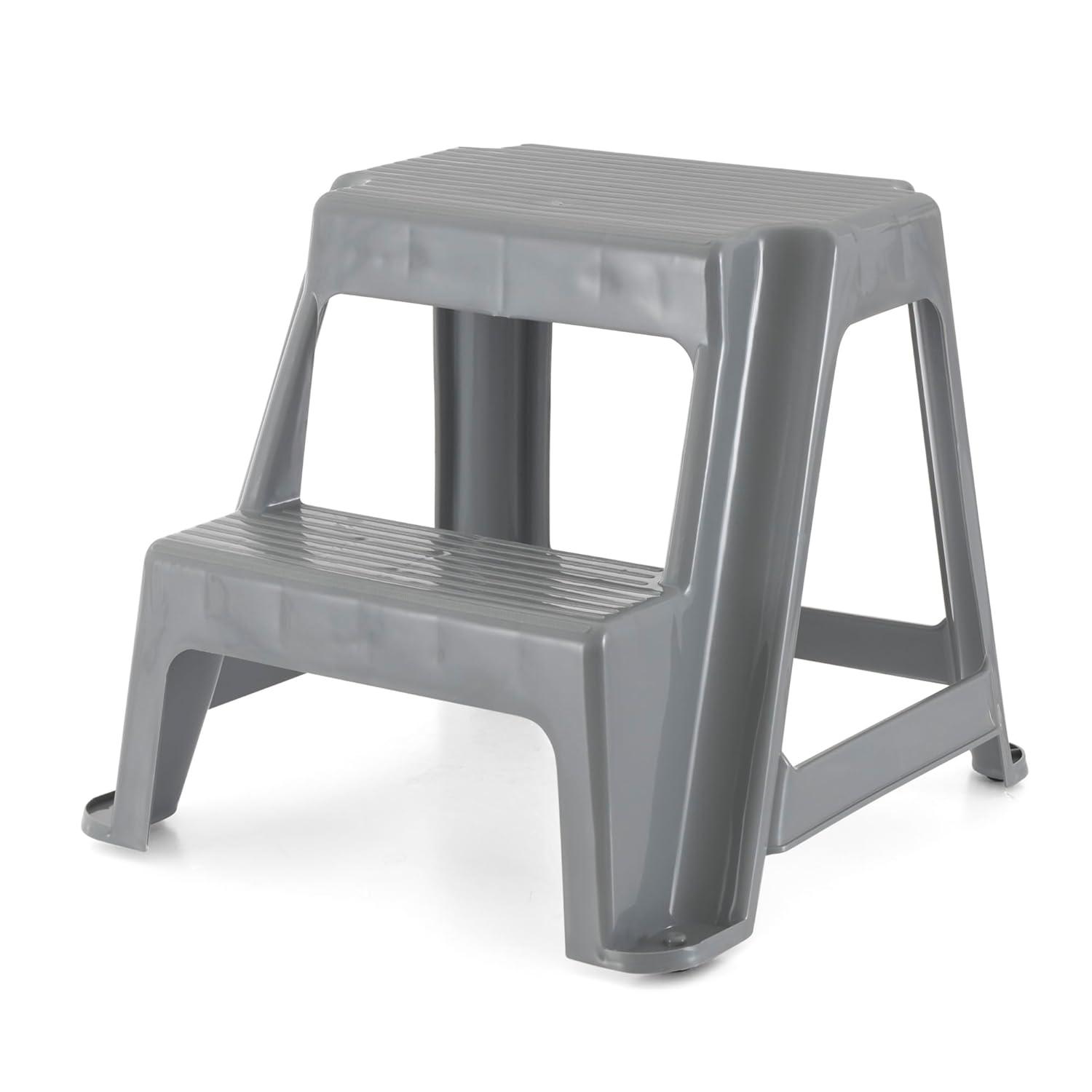 Gracious Living Plastic 2-Step Stool, Portable Step Stool for Home or Work, 16 Inches Tall, Gray