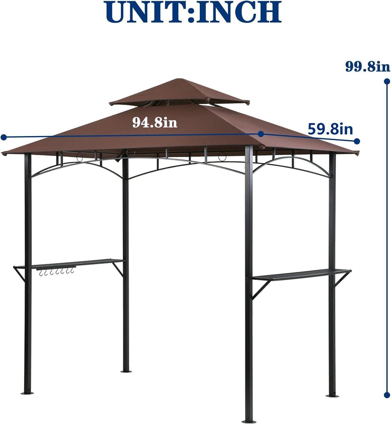 8' x 5' Brown Metal Grill Gazebo with Double Roof and Shelves