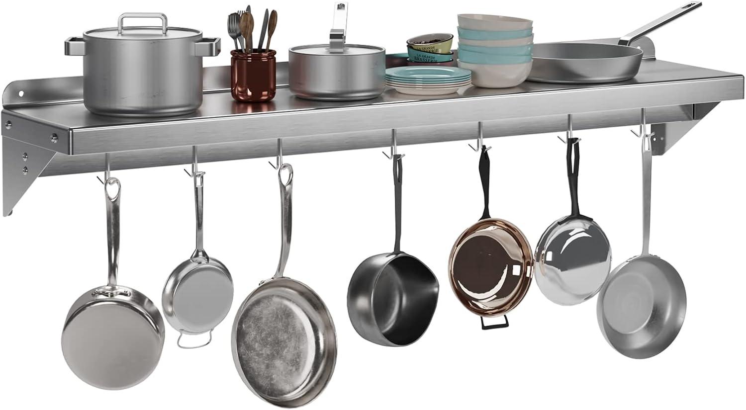 Stainless Steel Wall-Mounted Kitchen Shelf with Hooks