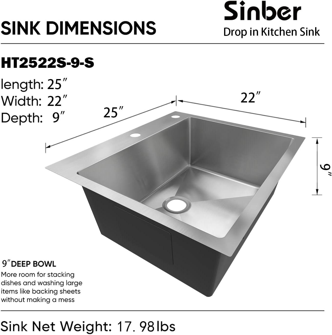 Sinber 25" x 22" Drop In Single Bowl Kitchen Sink with 18 Gauge 304 Stainless Steel Satin Finish