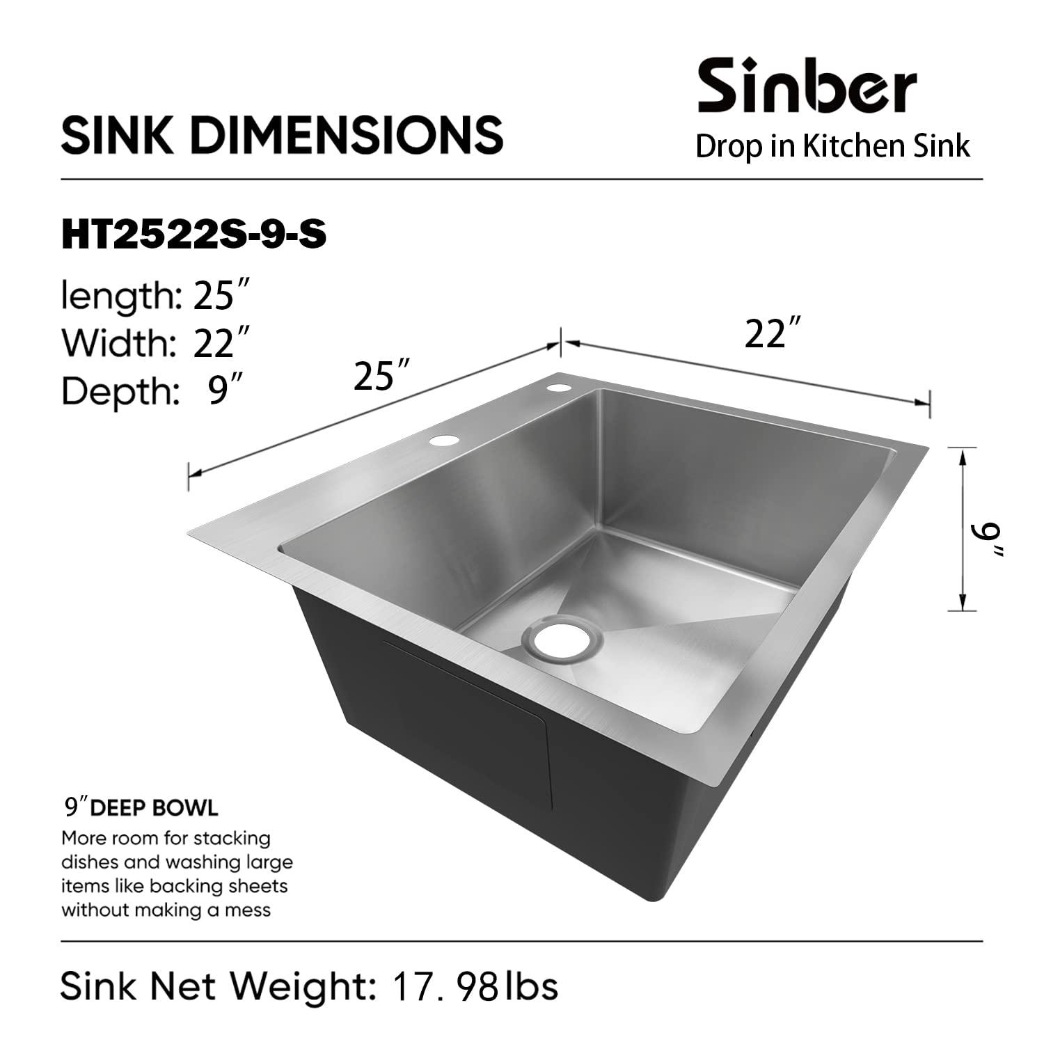 Sinber 25" x 22" Drop In Single Bowl Kitchen Sink with 18 Gauge 304 Stainless Steel Satin Finish