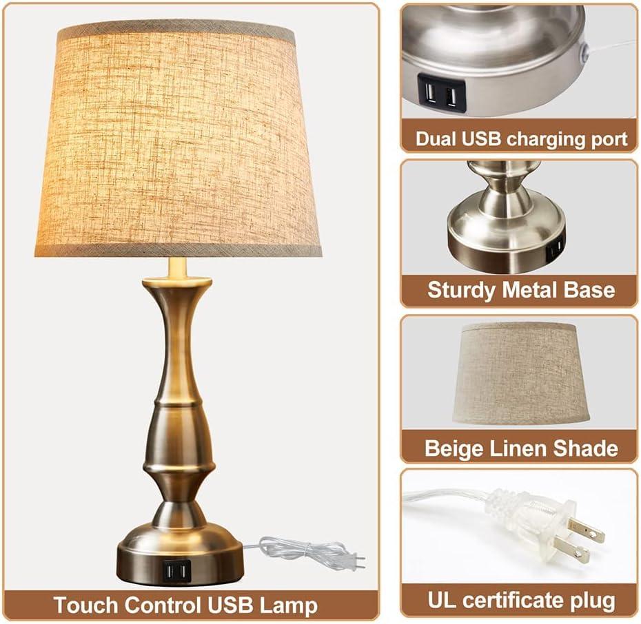 GyroVu Vintage Bedside Lamp Set of 2,Farmhouse Table Lamp Touch Control 3-Way Dimmable End Table Lamp with 2 USB Port, Desk Lamp Modern Nightstand Lamp for Living Room Bedroom Hotel Office