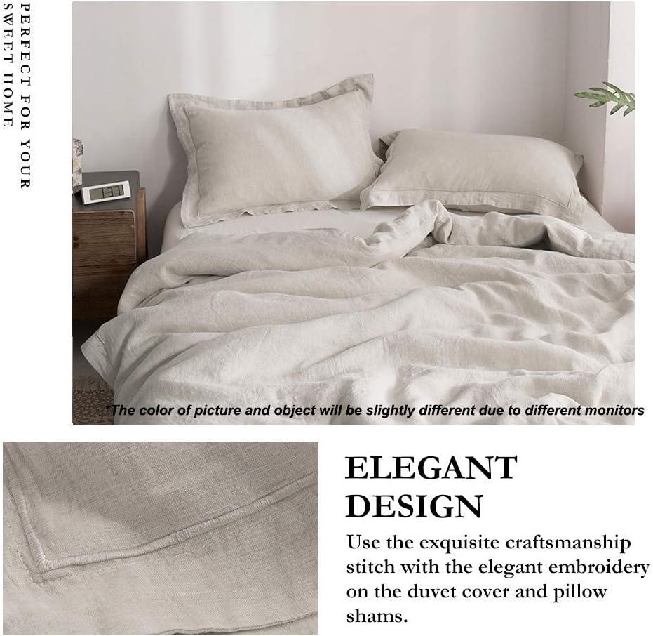 Simple&Opulence 100% Linen Duvet Cover Set with Embroidery Border Washed - 3 Pieces (1 Duvet Cover with 2 Pillow Shams) with Button Closure Soft Breathable Farmhouse - Linen, Queen Size