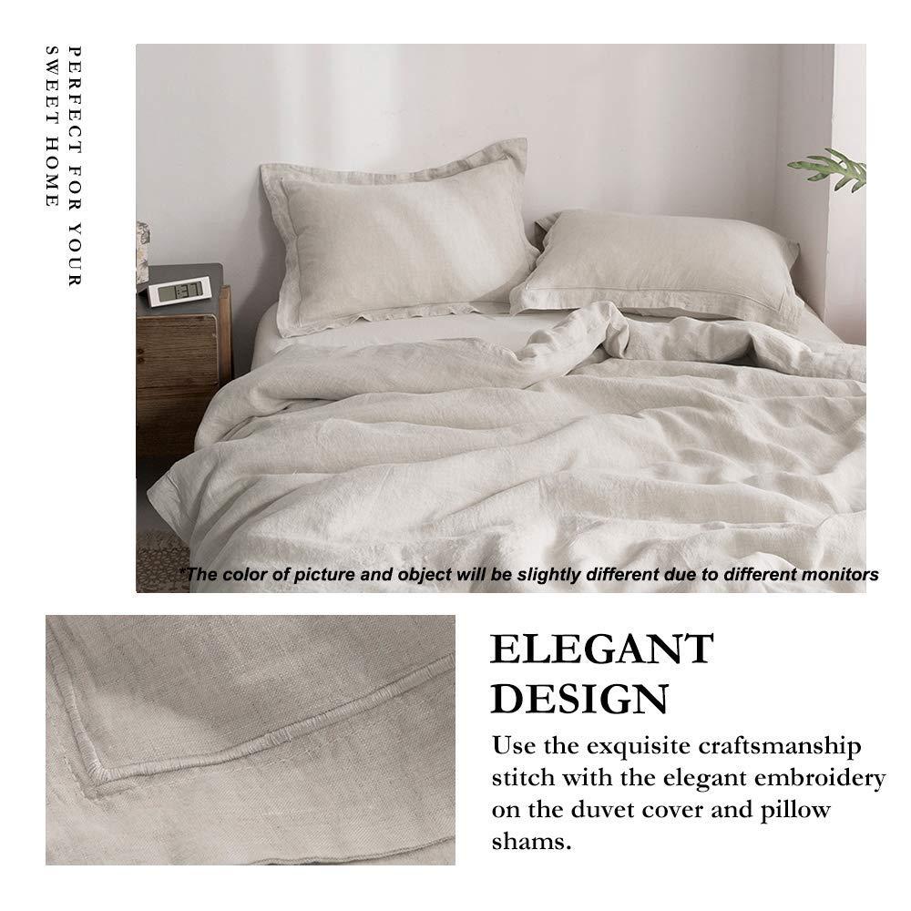 Simple&Opulence 100% Linen Duvet Cover Set with Embroidery Border Washed - 3 Pieces (1 Duvet Cover with 2 Pillow Shams) with Button Closure Soft Breathable Farmhouse - Linen, Queen Size