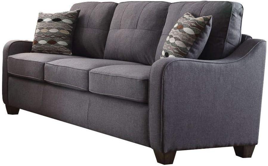 Elegant Gray Linen Tufted Sofa with Removable Cushions and Wood Accents