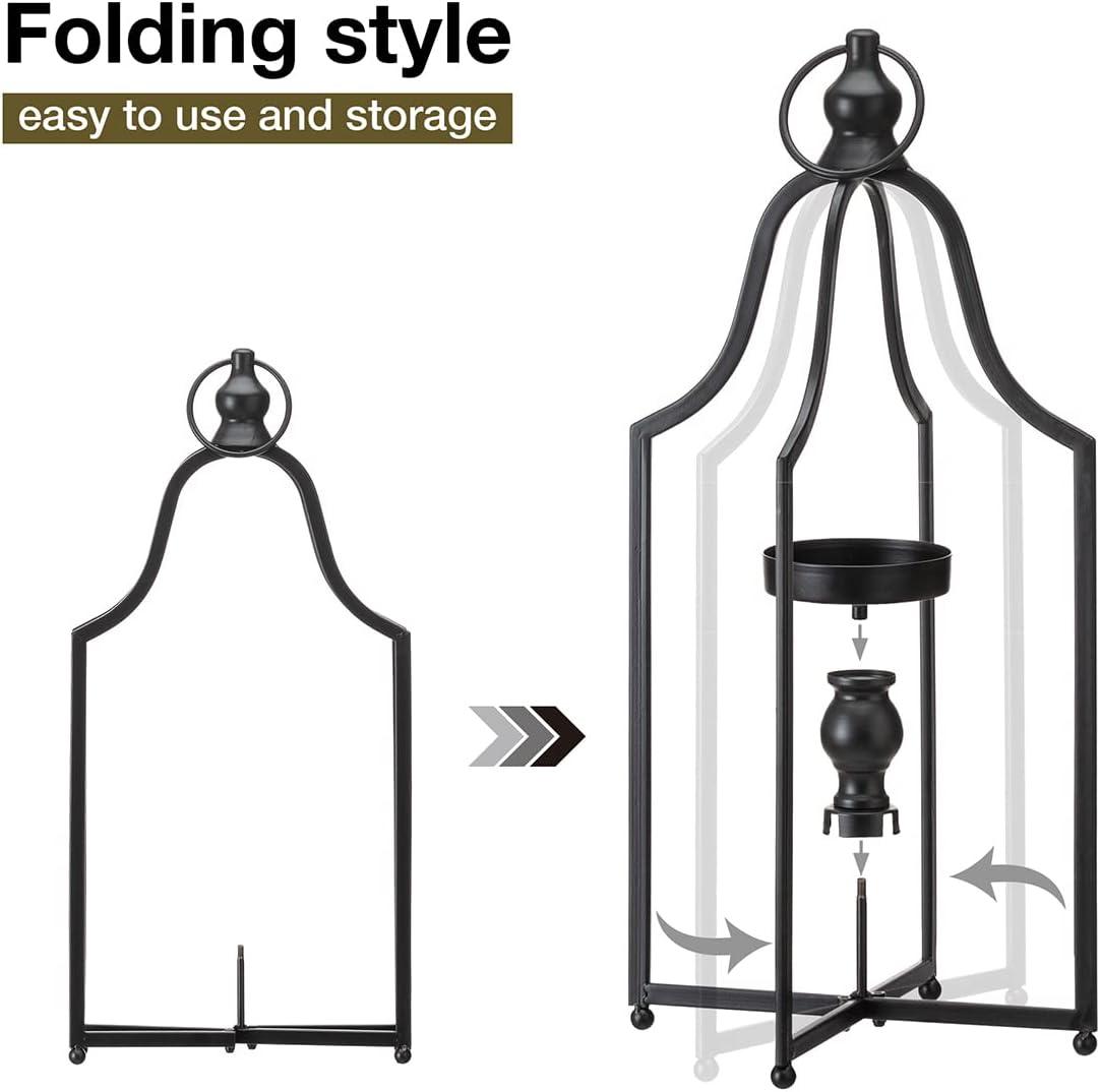 Glitzhome Modern Farmhouse Metal Lanterns Decorative Hanging Candle Lanterns Distressed Black Set of 2 (Small)