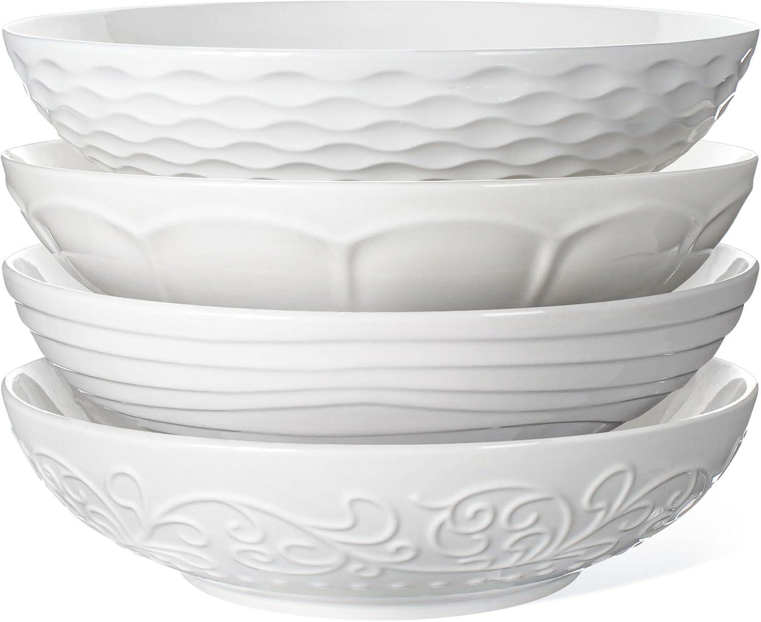 Artena Pasta Bowls 32oz, Ceramic Large Salad Bowls 8 inch, White Embossed Soup Bowl Set of 4 for Serving, Entertaining, Dinner Spaghetti, Wide Shallow, Microwave Dishwasher Oven Safe