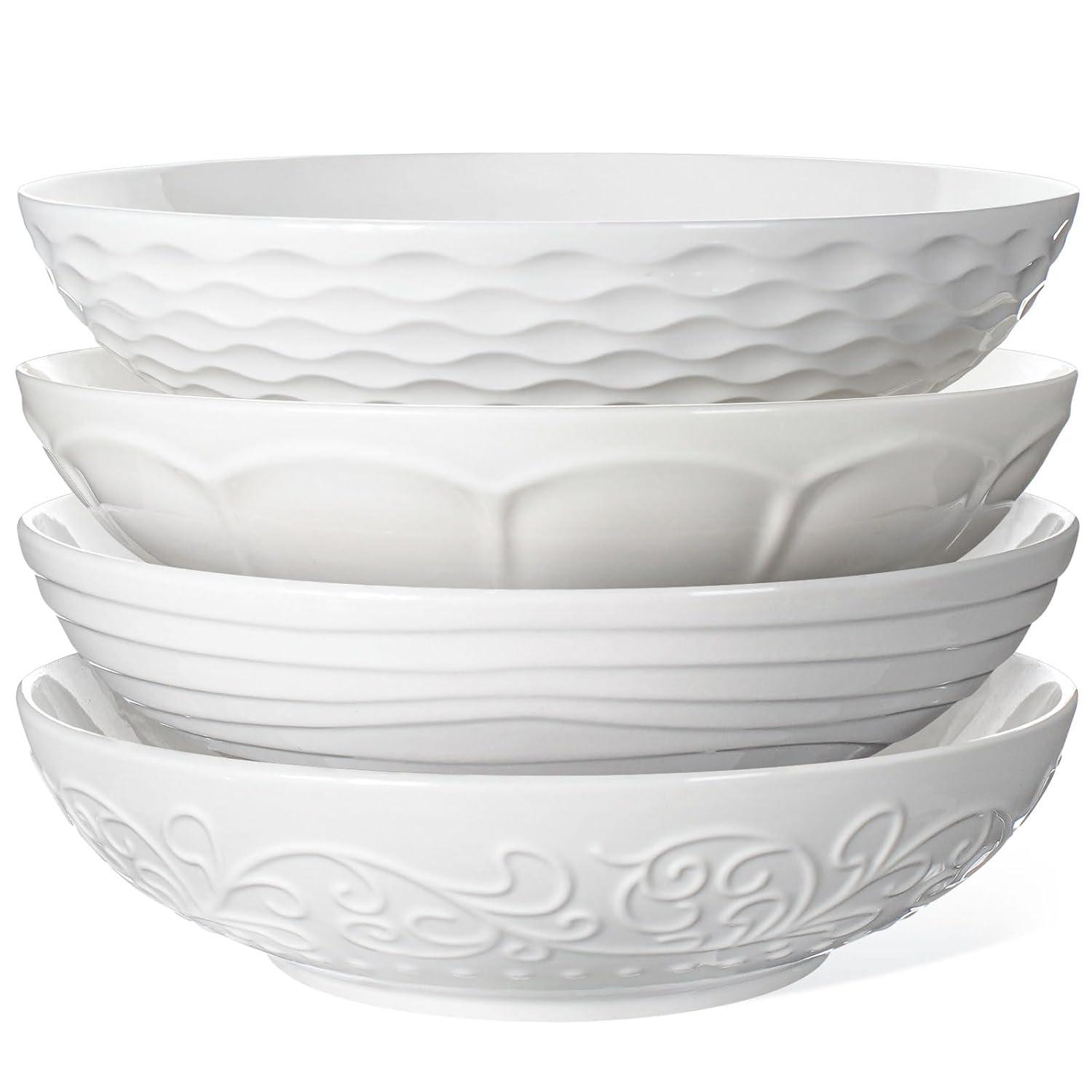 Artena Pasta Bowls 32oz, Ceramic Large Salad Bowls 8 inch, White Embossed Soup Bowl Set of 4 for Serving, Entertaining, Dinner Spaghetti, Wide Shallow, Microwave Dishwasher Oven Safe