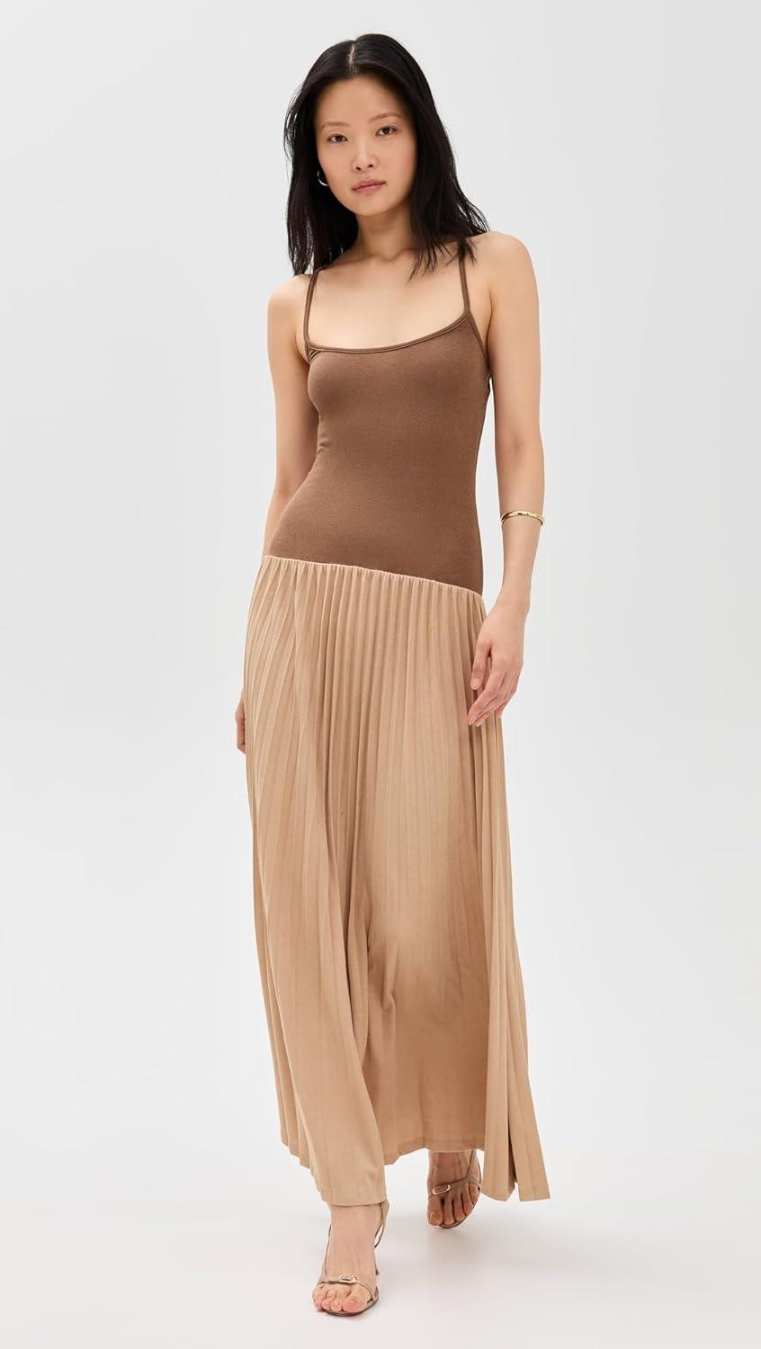 Chocolate Brown Sleeveless Maxi Dress with Pleated Skirt