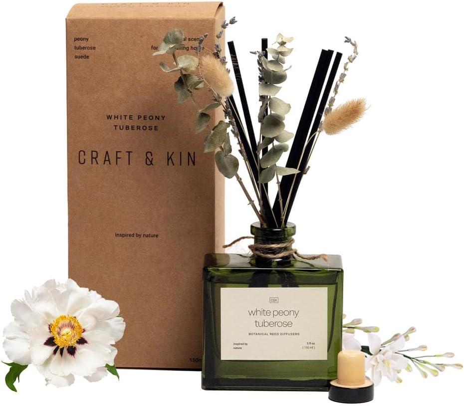 Craft & Kin Reed Diffuser Set With Flower For Home With White Peony Tuberose Scent