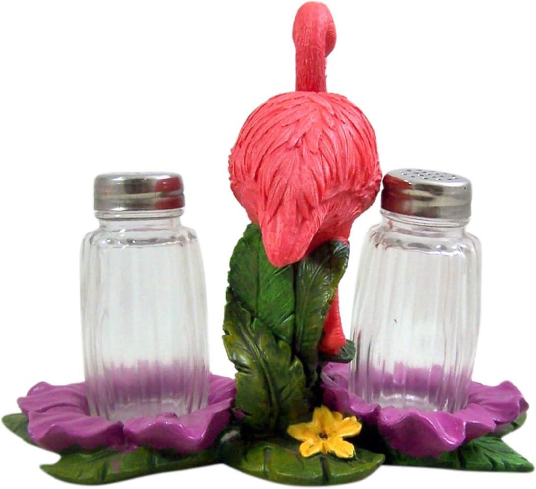 De Leon Collections Polyresin Tropical Pink Flamingo on Palms Floral Coastal Living Salt and Pepper Shaker Holder Set