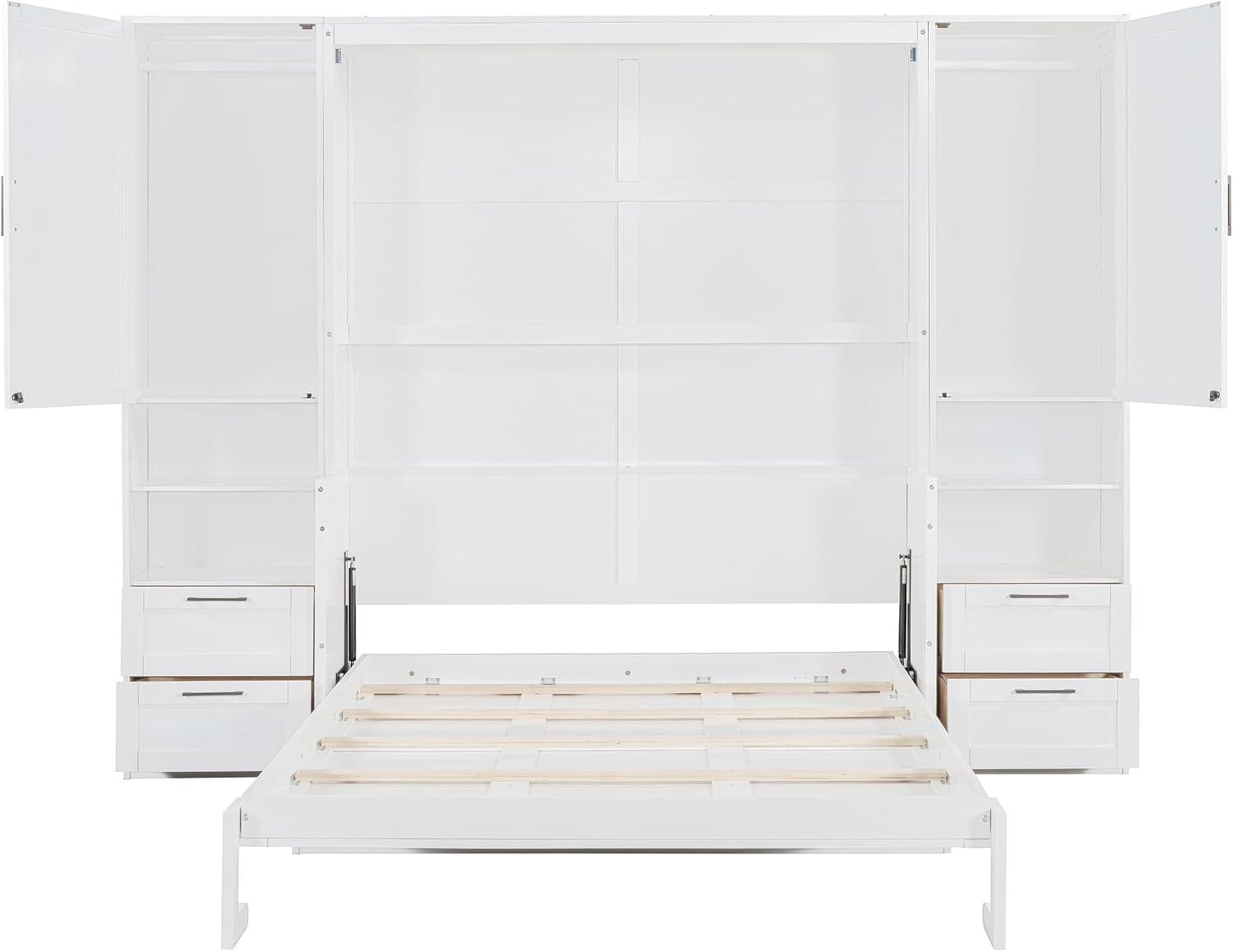 Harper & Bright Designs Queen Size Murphy Bed, Wooden Queen Wall Bed with Closet, Drawers and Shelves, White