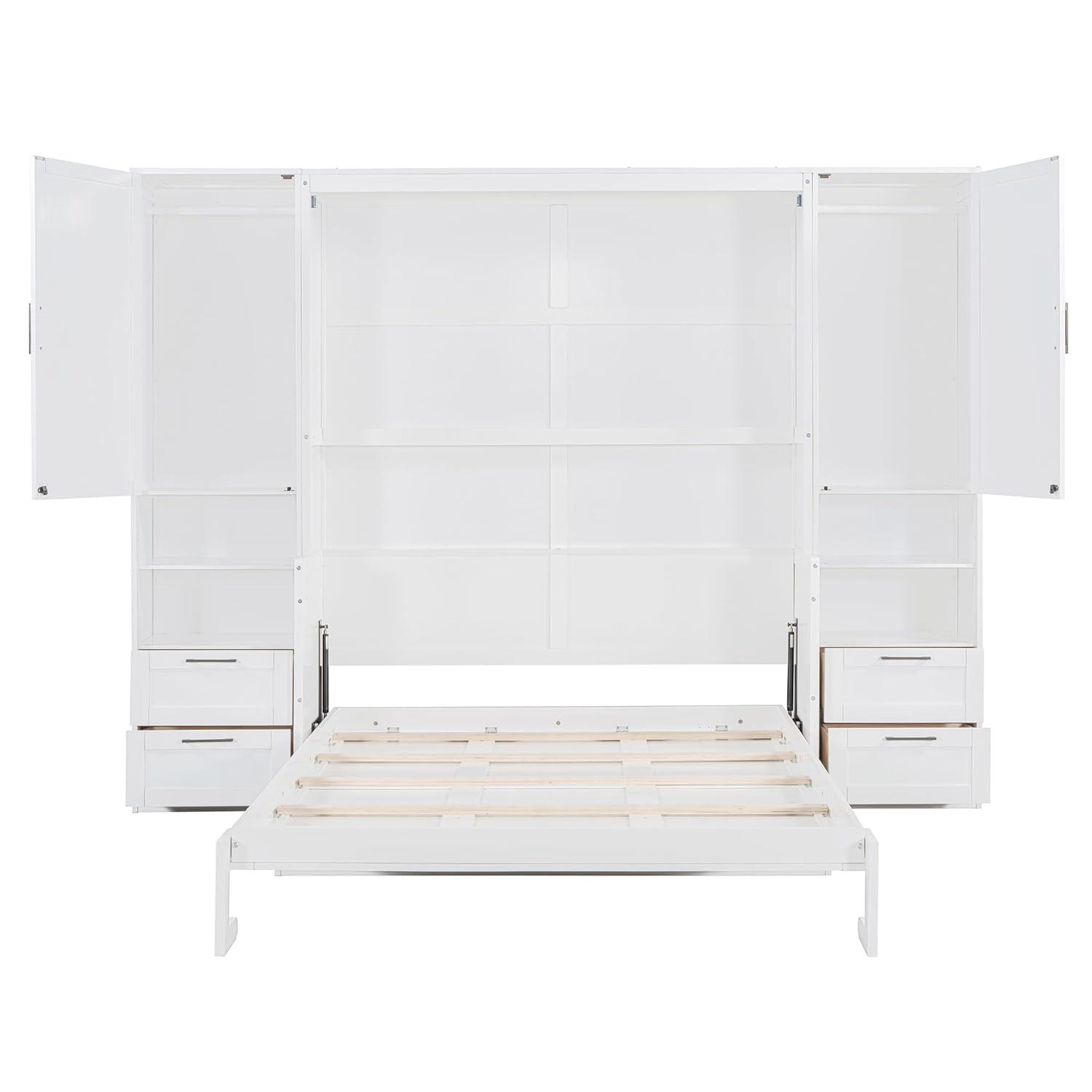 Harper & Bright Designs Queen Size Murphy Bed, Wooden Queen Wall Bed with Closet, Drawers and Shelves, White