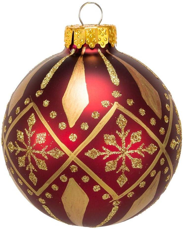 Burgundy and Gold Patterned Glass Christmas Ornaments, 6-Piece Set