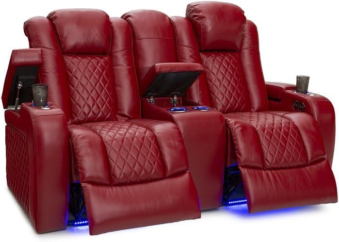 Seatcraft Anthem Home Theater Leather Loveseat Power Reclining 2-Row Seating with Power Headrest, LED lights, Center Table, Cupholders, AC/USB Outlets, and Hidden Storage in Red