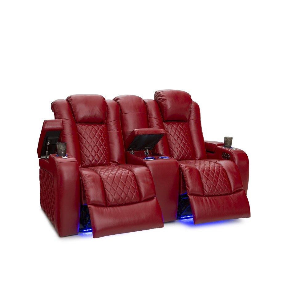 Seatcraft Anthem Home Theater Leather Loveseat Power Reclining 2-Row Seating with Power Headrest, LED lights, Center Table, Cupholders, AC/USB Outlets, and Hidden Storage in Red