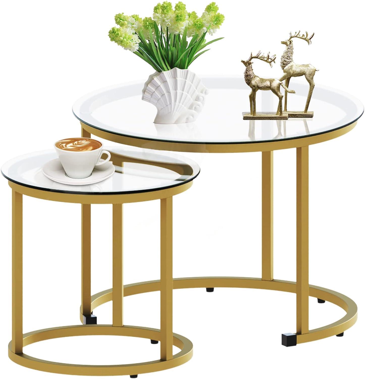 Gold Round Glass Nesting Coffee Table Set with Metal Frame