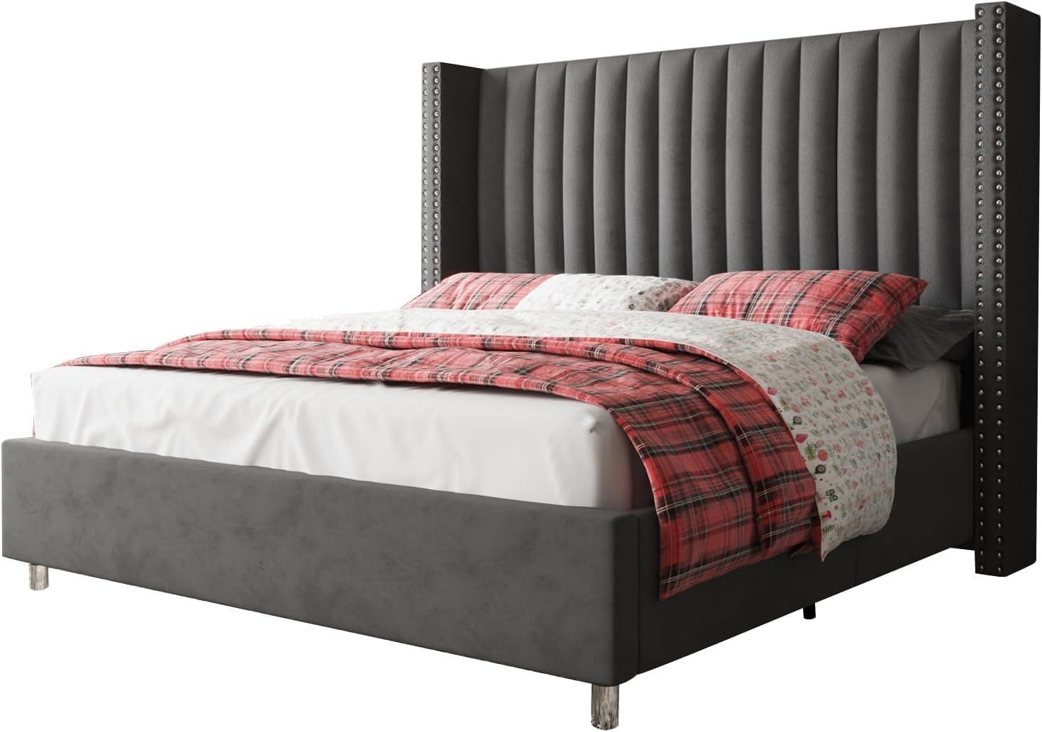 King Dark Gray Velvet Tufted Upholstered Platform Bed with Nailhead Trim