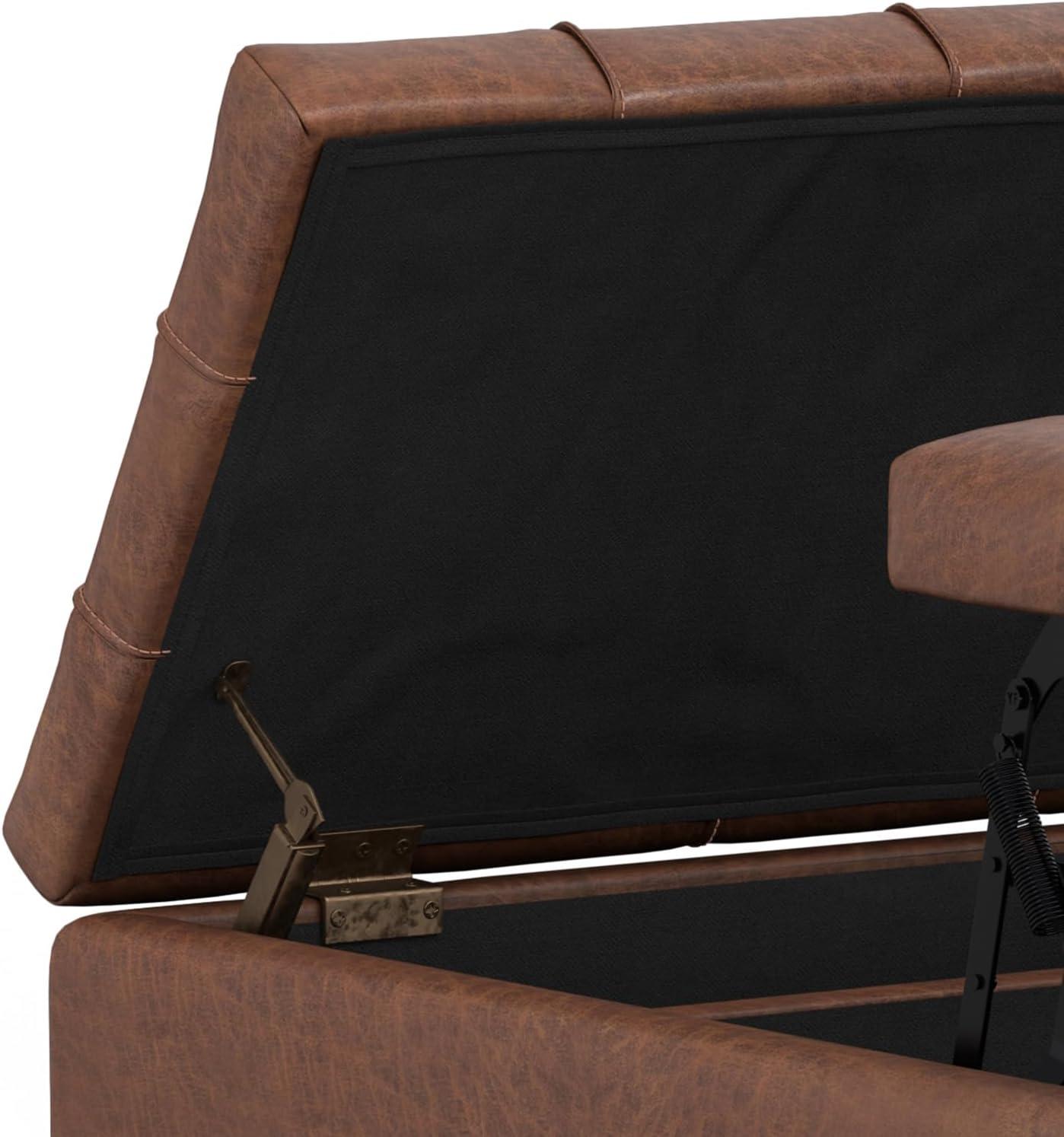 Simpli Home Laura 36 inch Wide Mid Century Square MidÂ CenturyÂ Lift TopÂ Storage Ottoman in Distressed Saddle Brown Vegan Faux Leather