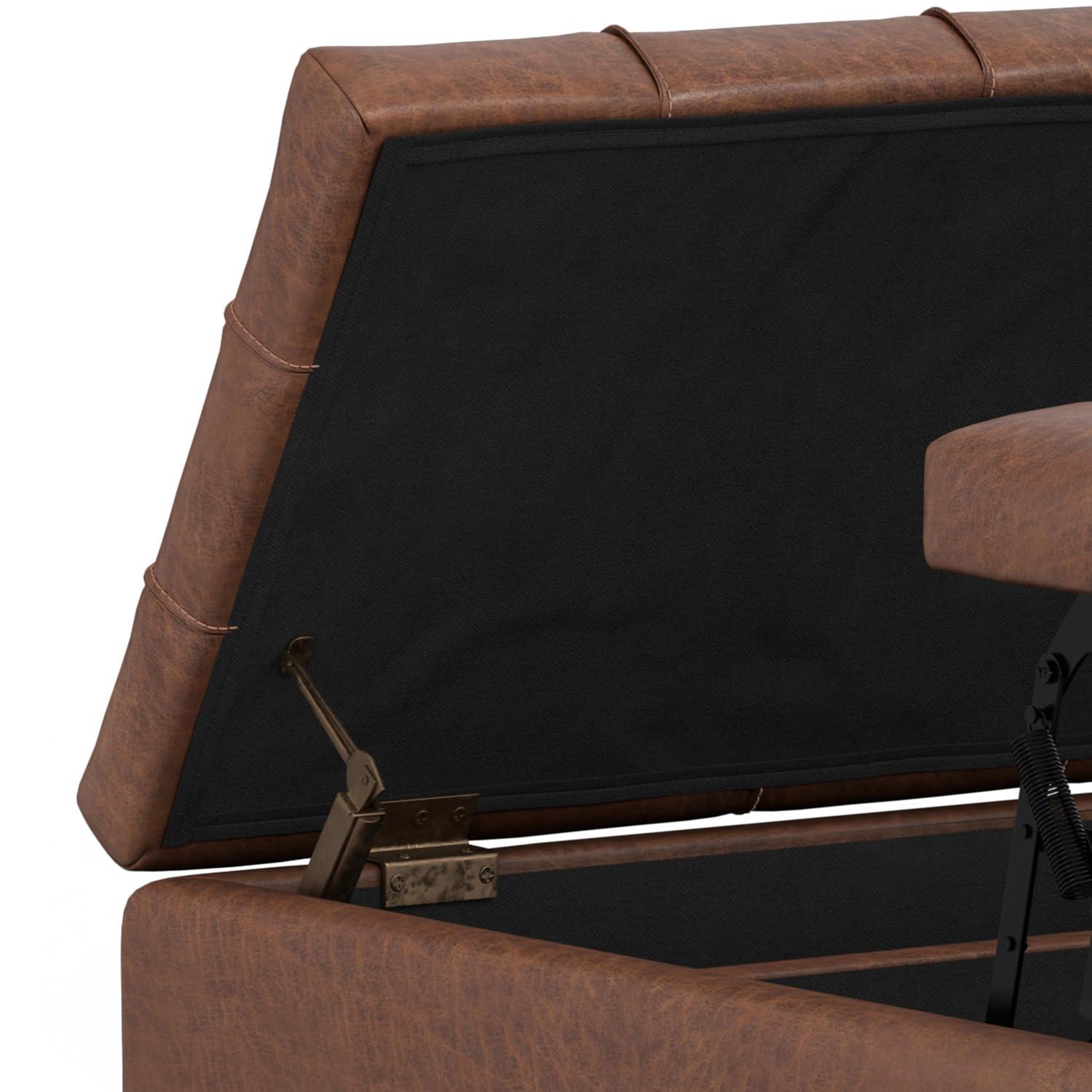 Simpli Home Laura 36 inch Wide Mid Century Square MidÂ CenturyÂ Lift TopÂ Storage Ottoman in Distressed Saddle Brown Vegan Faux Leather