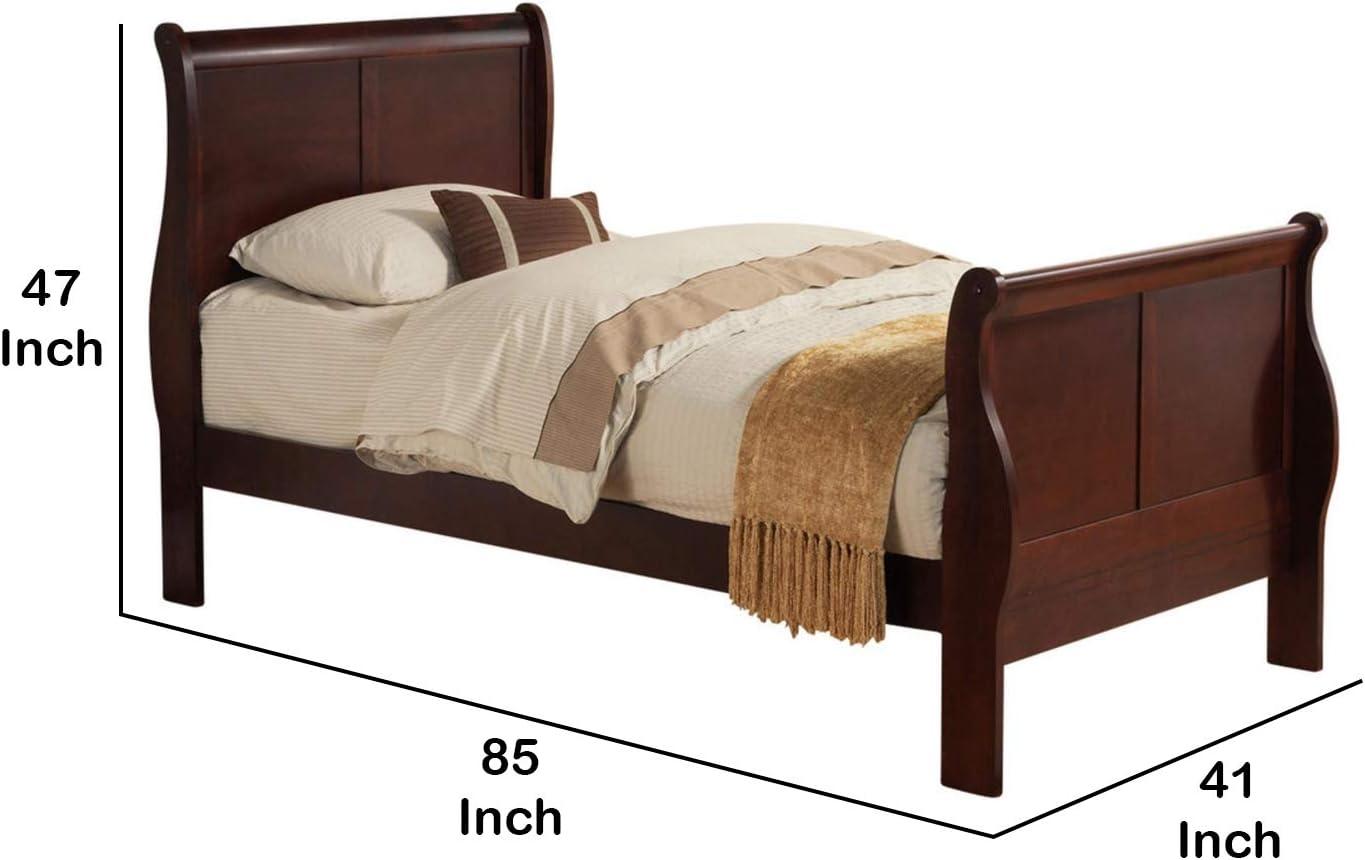 Benjara Transitional Panel Design Sleigh Twin Size Bed, Cherry Brown