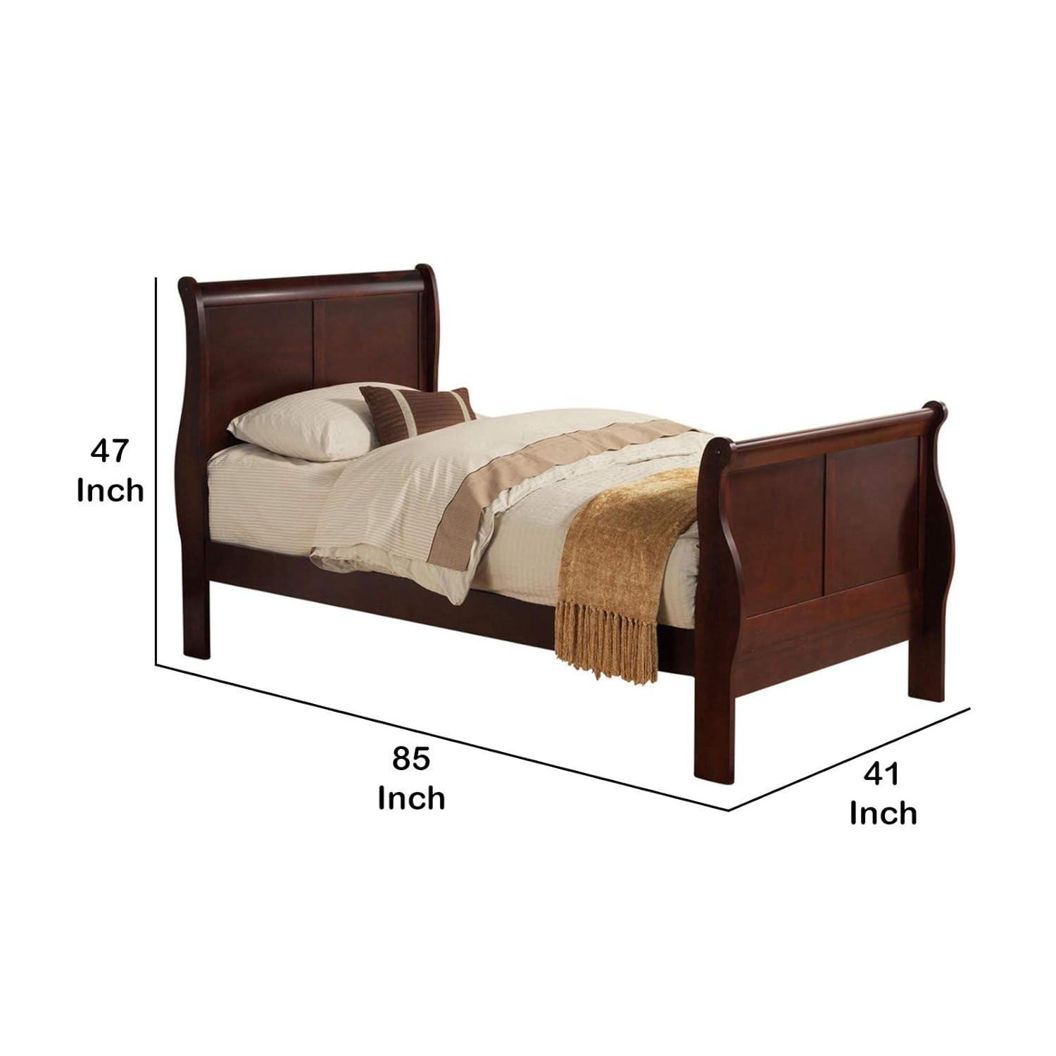 Benjara Transitional Panel Design Sleigh Twin Size Bed, Cherry Brown