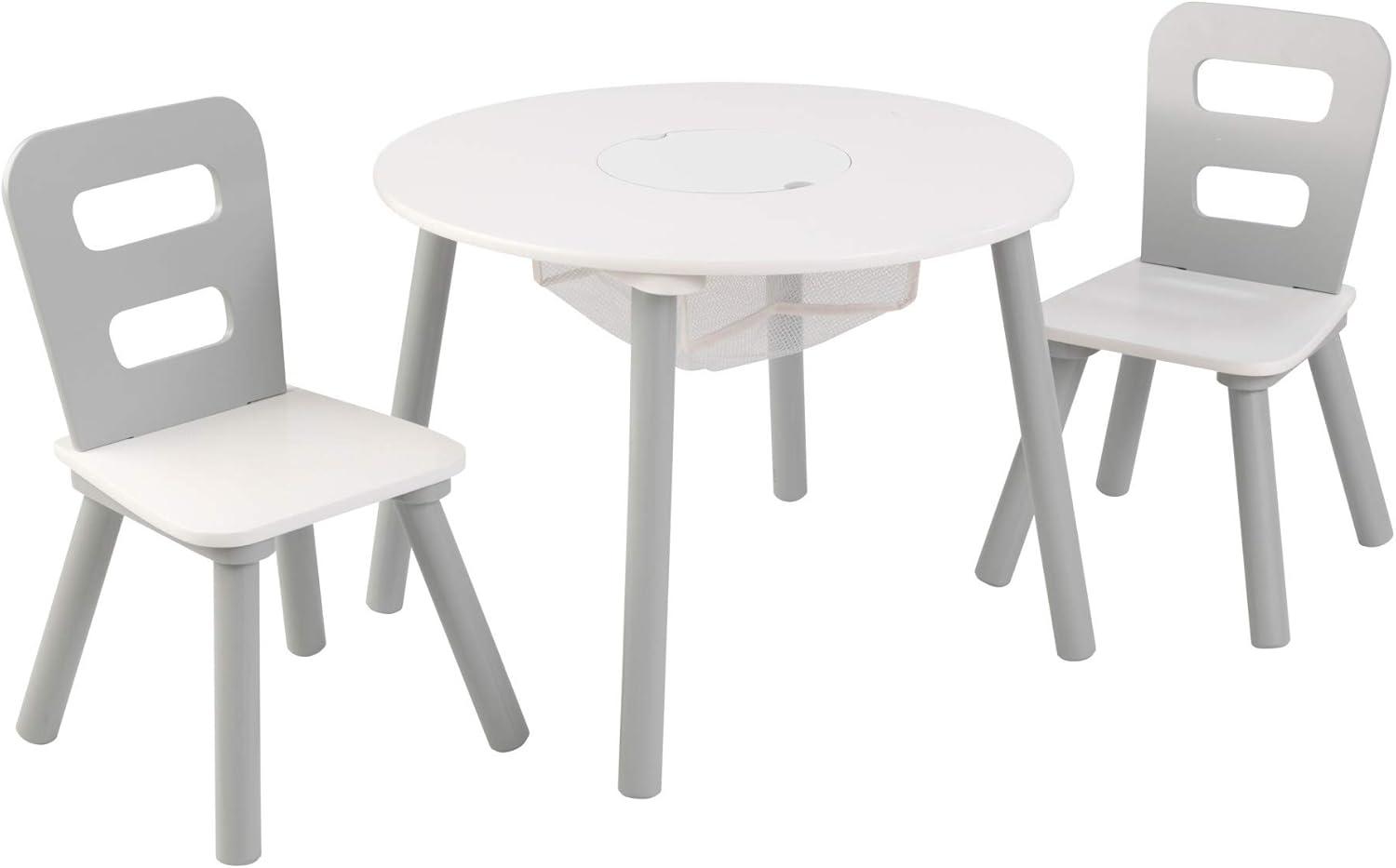 KidKraft Wooden Kids Round Storage Table & 2 Chair Set, Gray & White