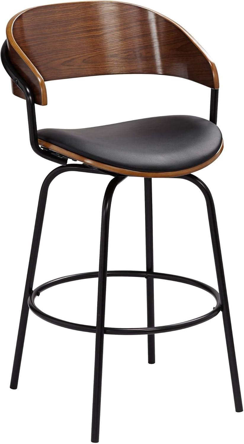 Elm Lane Larsen Black Swivel Bar Stool 26" High Mid Century Modern Faux Leather Cushion with Walnut Backrest Footrest for Kitchen Counter Height Home