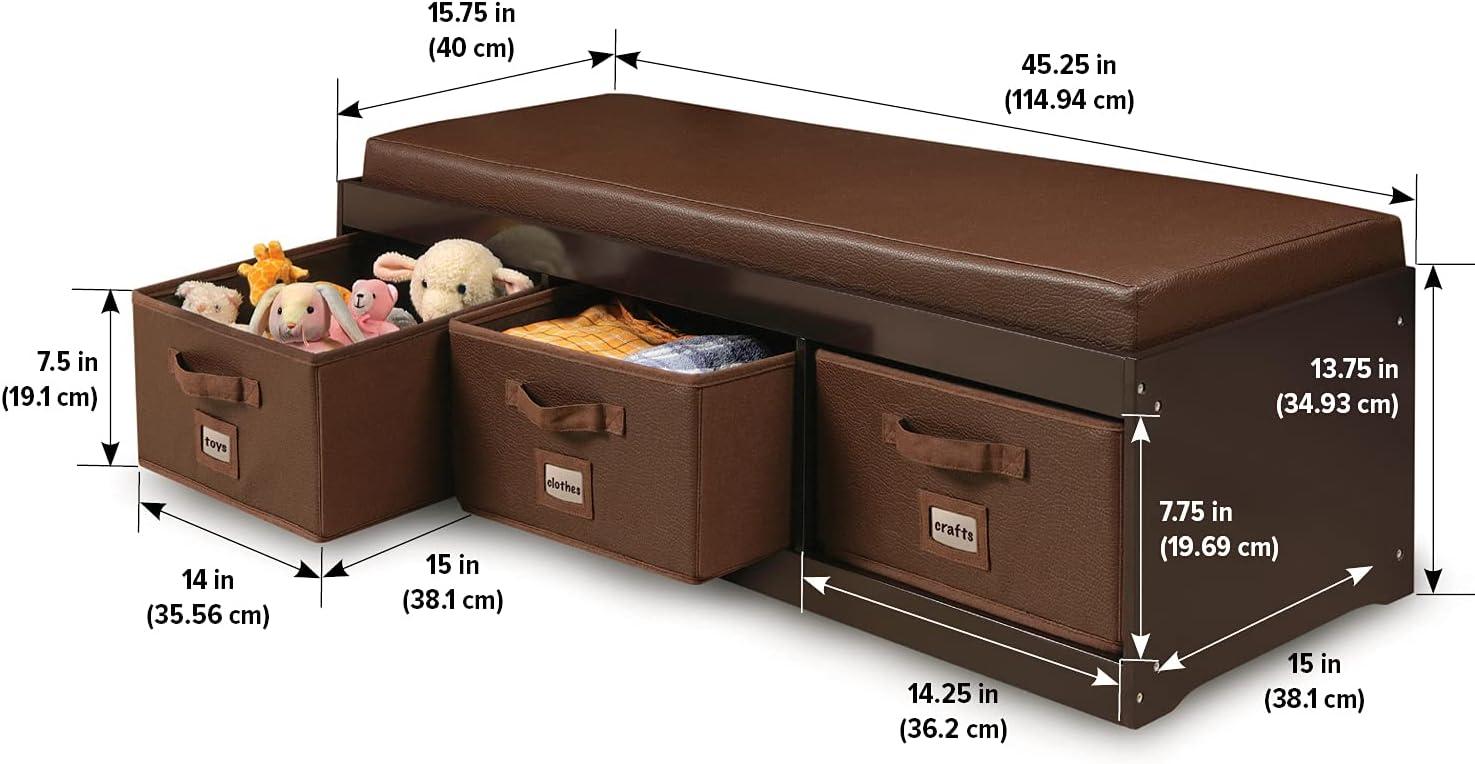 Badger Basket Kid's Storage Bench with Cushion and Three Bins - Espresso