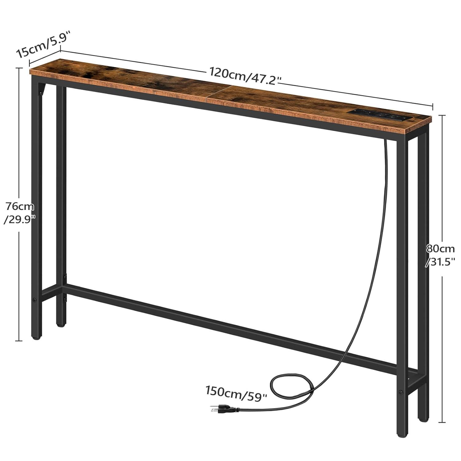 47.2" Skinny Console Table with Power Outlets and USB Ports, Table with Charging Station, Narrow Sofa Table, Behind Couch Table, for Entryway, Hallway, Foyer, Rustic Brown BF15XG01G1