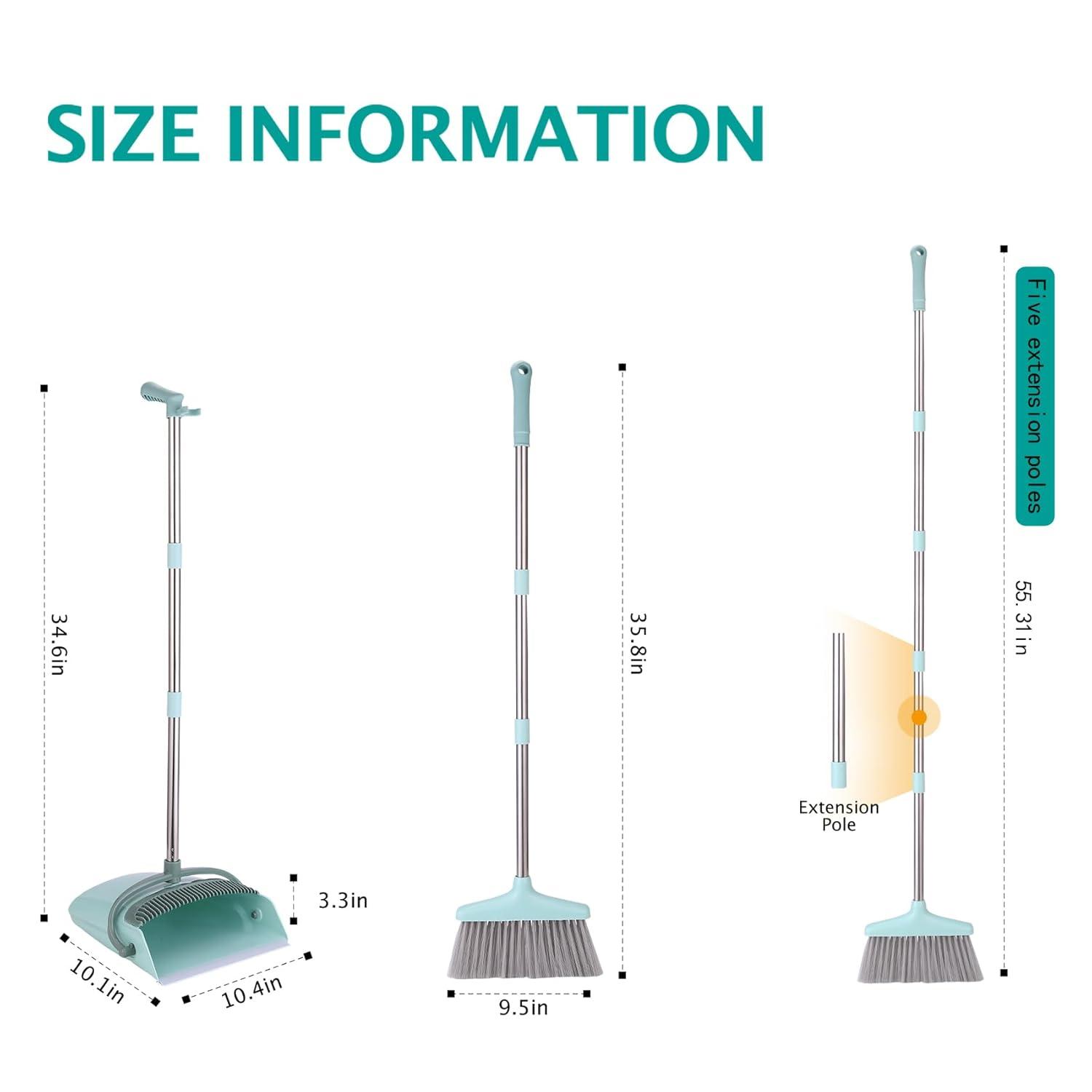 QUALITY FLOORING INC. Broom And Dustpan Set For Home, Broom With Dustpan Cleaning Teeth Combo Set, Indoor Sweep Broom, 55” Long Handle Broom For Office Home Kitchen Lobby Floor