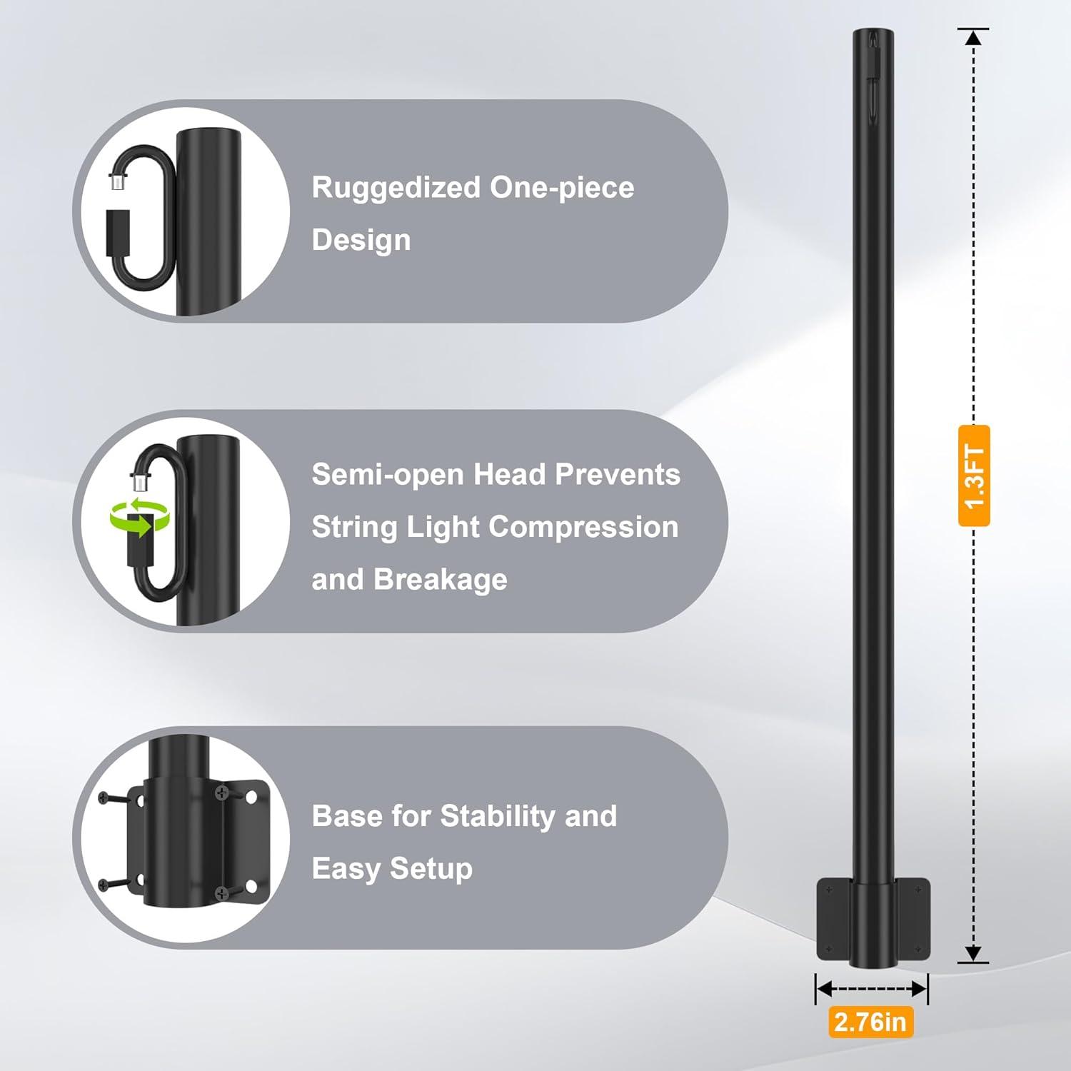 2 Pack 2.8 FT String Light Poles, Suspension Outdoor Fence Post Lights with Clip and Bracket