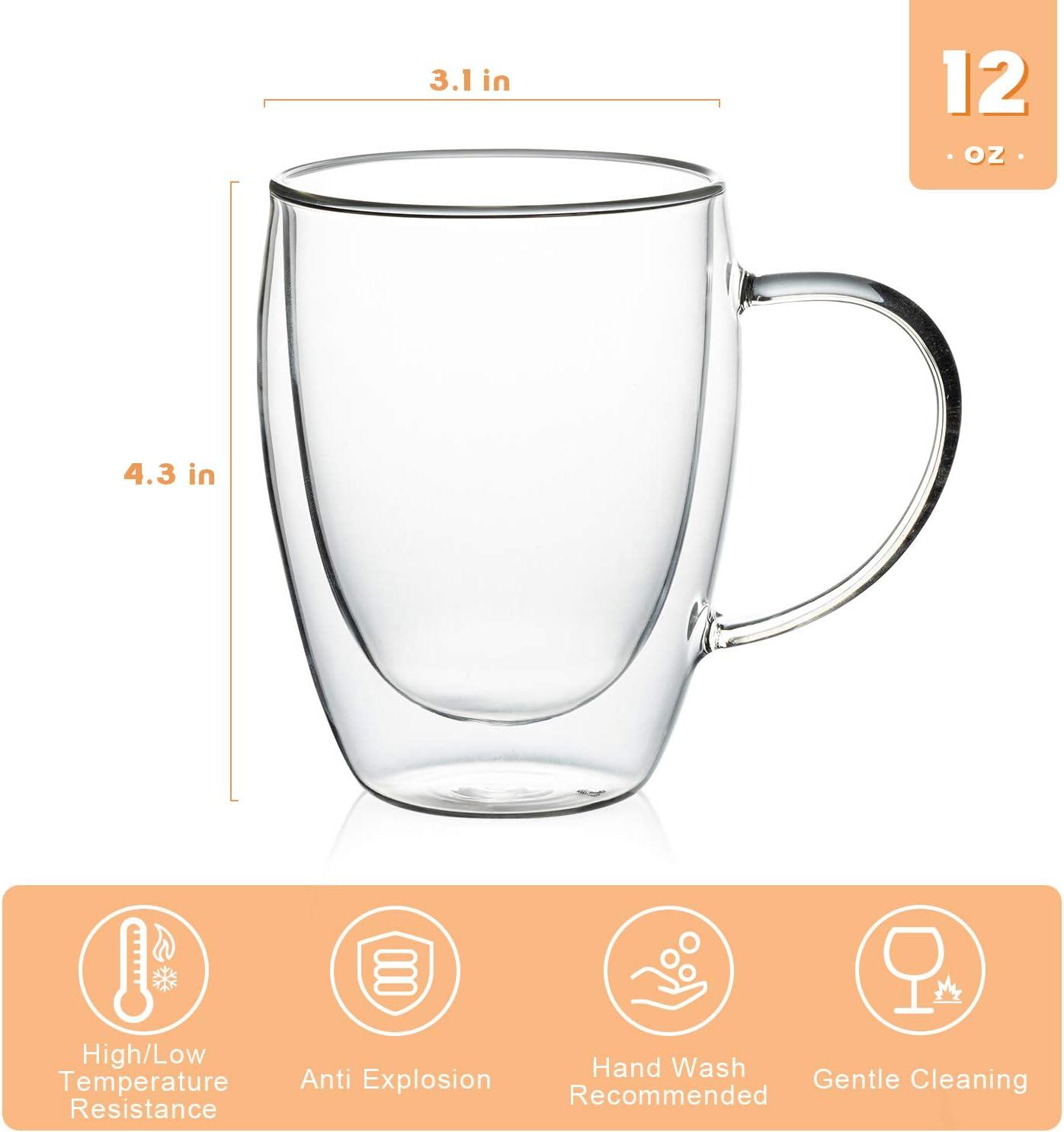 Clear Glass Double Wall Insulated 12oz Coffee Mugs, 6-Pack