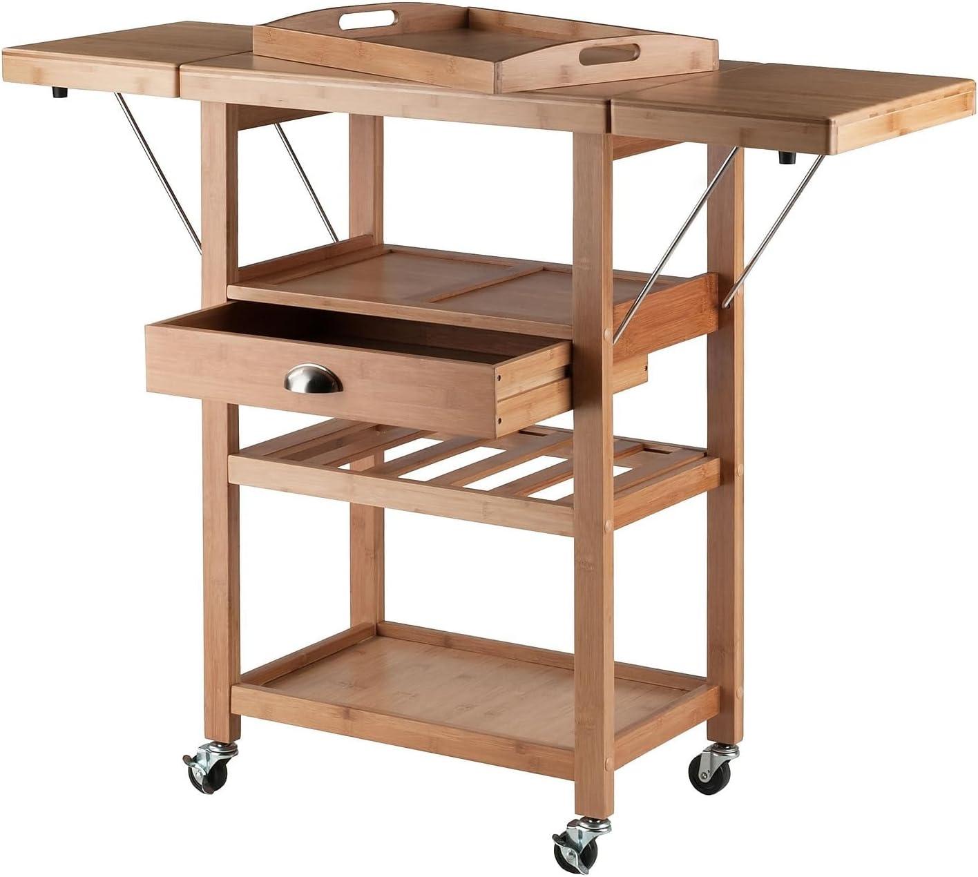 Natural Bamboo Drop Leaf Kitchen Cart with Wine Rack