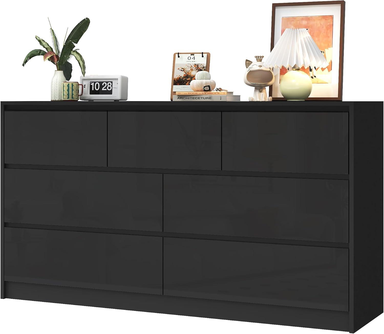 Ebern Designs White Dresser for Bedroom with 7 Drawers, Modern High Gloss Large Dresser with 7 Handle Free Drawers, 55 Inch Wooden Long Dresser, Storage Chest of Drawers