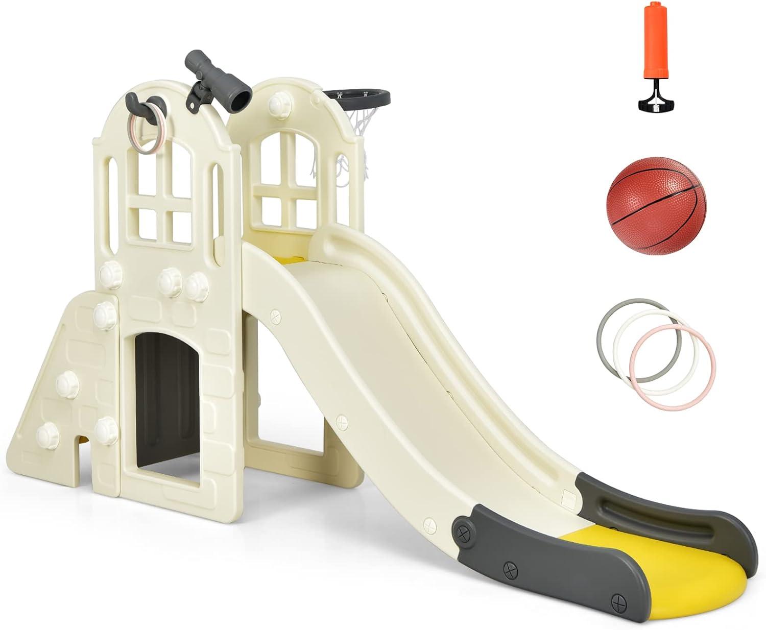 Costway 6-In-1 Large Slide for Kids Toddler Climber Slide Playset w/ Basketball Hoop Yellow