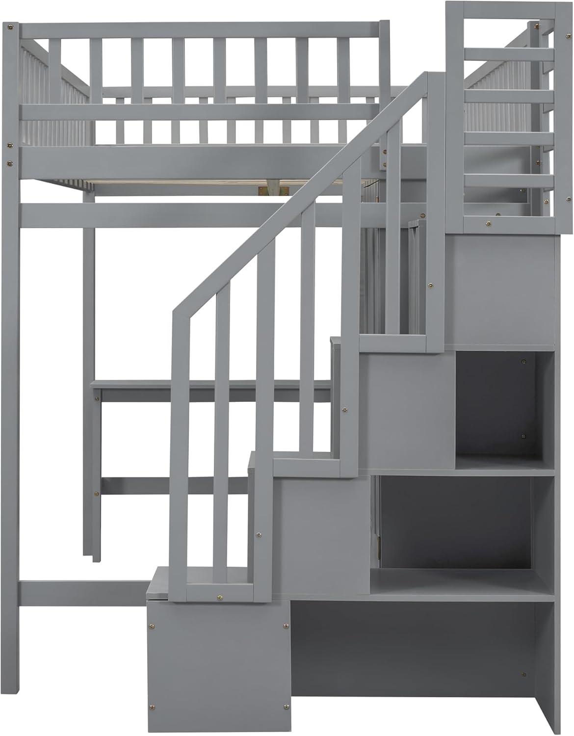 Bellemave Full Size Loft Bed with Stairs and Wardrobe, Wood Loft Beds Frame with Desk and Storage Drawers, Stairway Loft Bed for Kids, Teens & Adults（Gray）