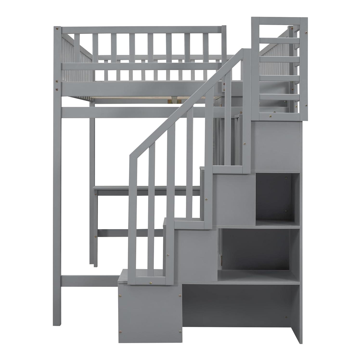 Bellemave Full Size Loft Bed with Stairs and Wardrobe, Wood Loft Beds Frame with Desk and Storage Drawers, Stairway Loft Bed for Kids, Teens & Adults（Gray）