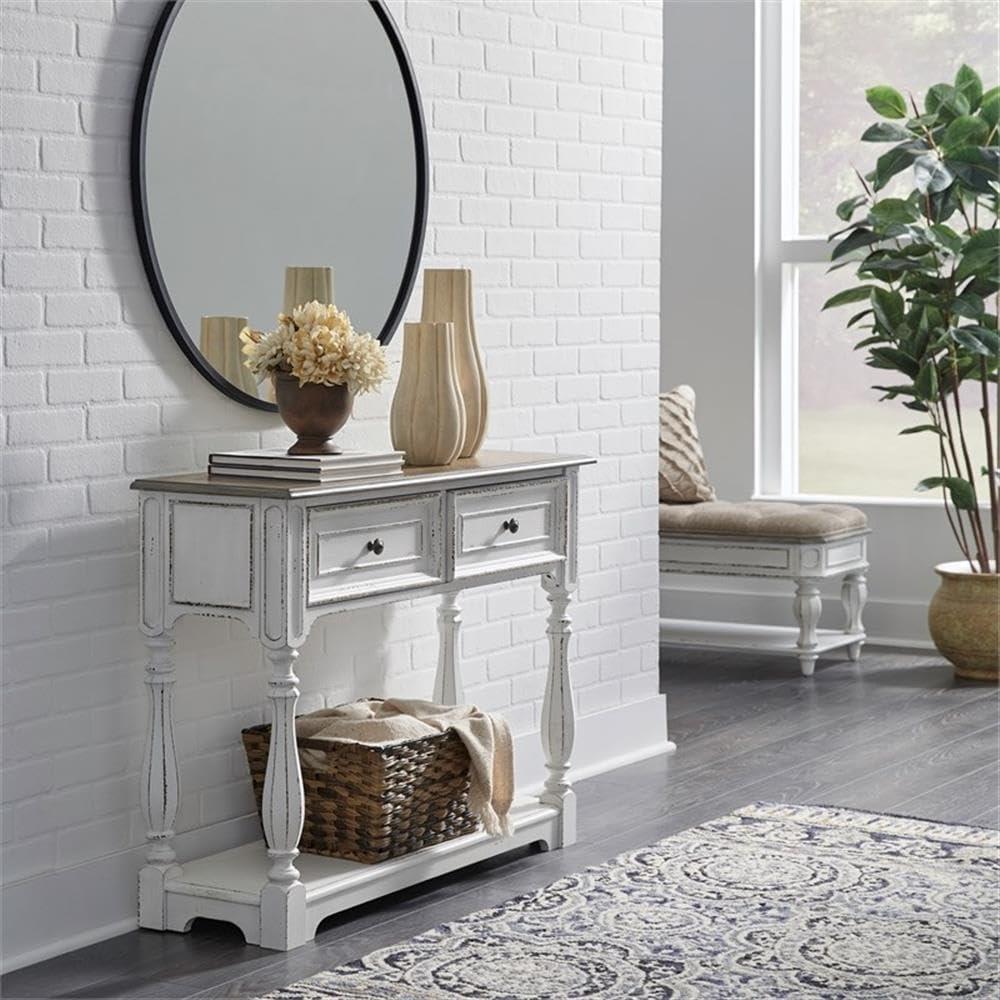 Antique White and Weathered Bark Hall Console with Storage