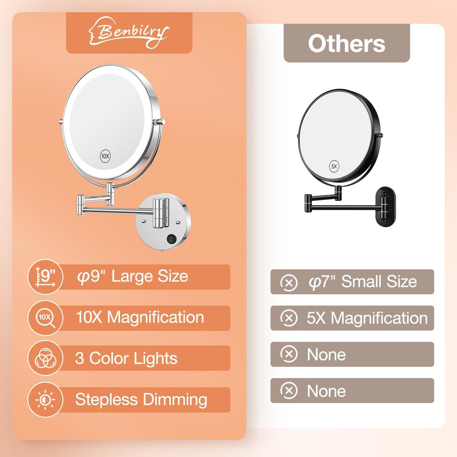 Benbilry 9" Large Size Wall Mounted Makeup Vanity Mirror, 1X/10X Magnifying Double Sided Shaving Mirror for Bathroom, 360° Swivel Extendable Arm Nickel Finish
