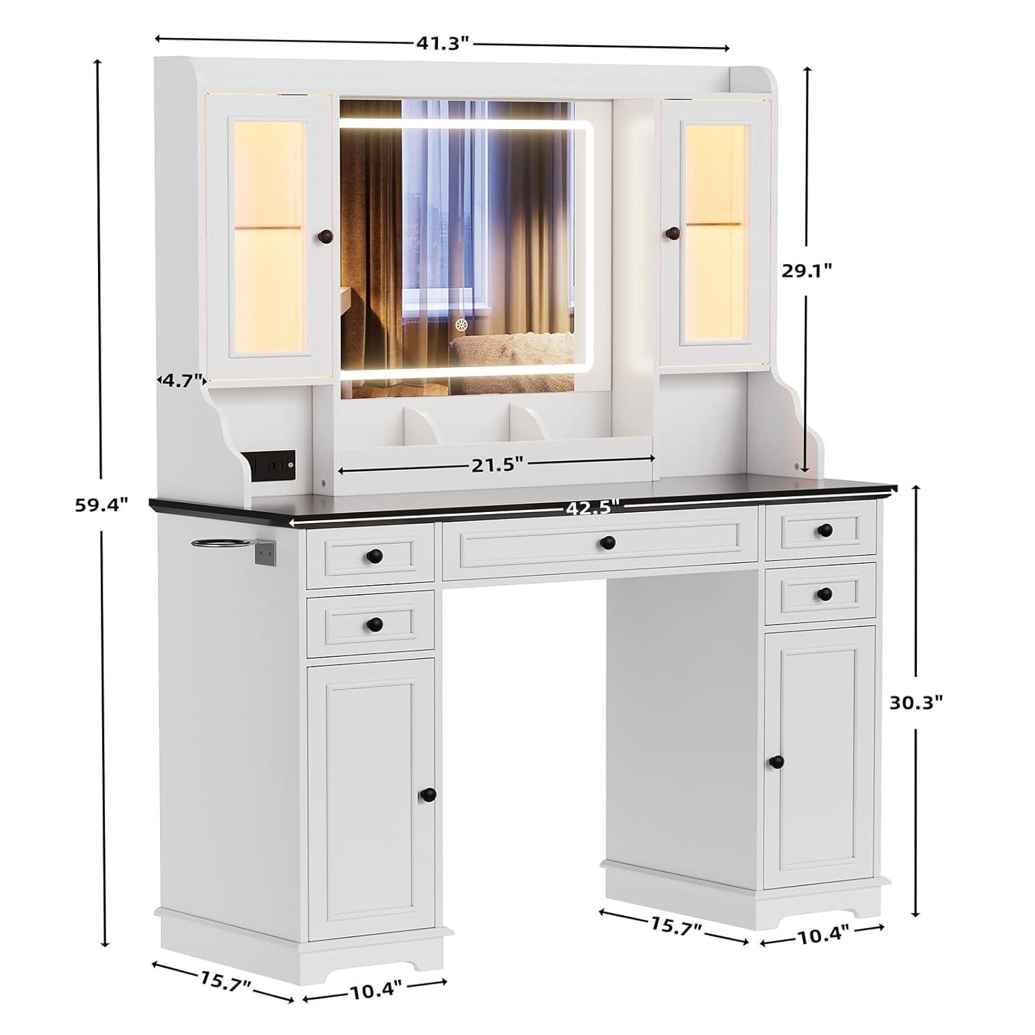 PAKASEPT Large Vanity Desk with Mirror and Lights,Makeup Vanity with 3 Lighting Modes& Charging Station, 5 Drawers, 4 Cabinets, Farmhouse Bedroom Vanity for Women, Girls